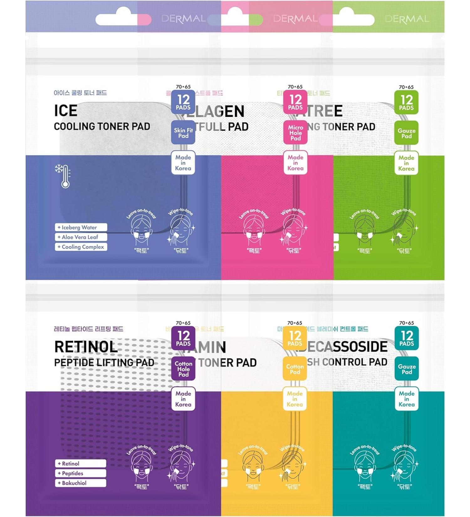 DERMAL 6 Types Toner Pad Trial Kit Portable Travel Combo Set - Ice Cooling Collagen Retinol Madecassoside Tea Tree Vitamin Korean Face Toner Pads 12 Pads x 6 Pack - Buy Online on GoSupps.com