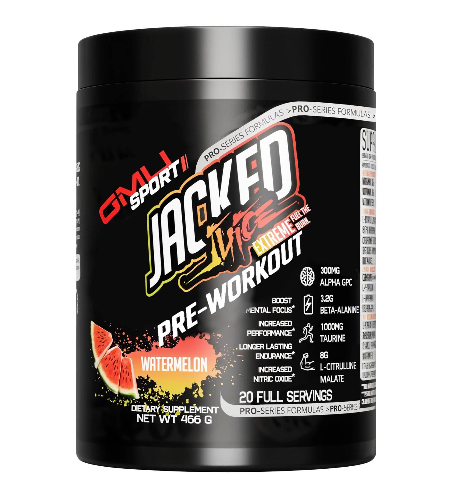 GMU SPORT Jacked Juice Pre Workout | Explosive Energy Focus & Muscle Pumps | 8g Citrulline Malate 3g Creatine Beta Alanine Alpha-GPC | 250mg Caffeine | 40 Servings Watermelon - Buy Online on GoSupps.com