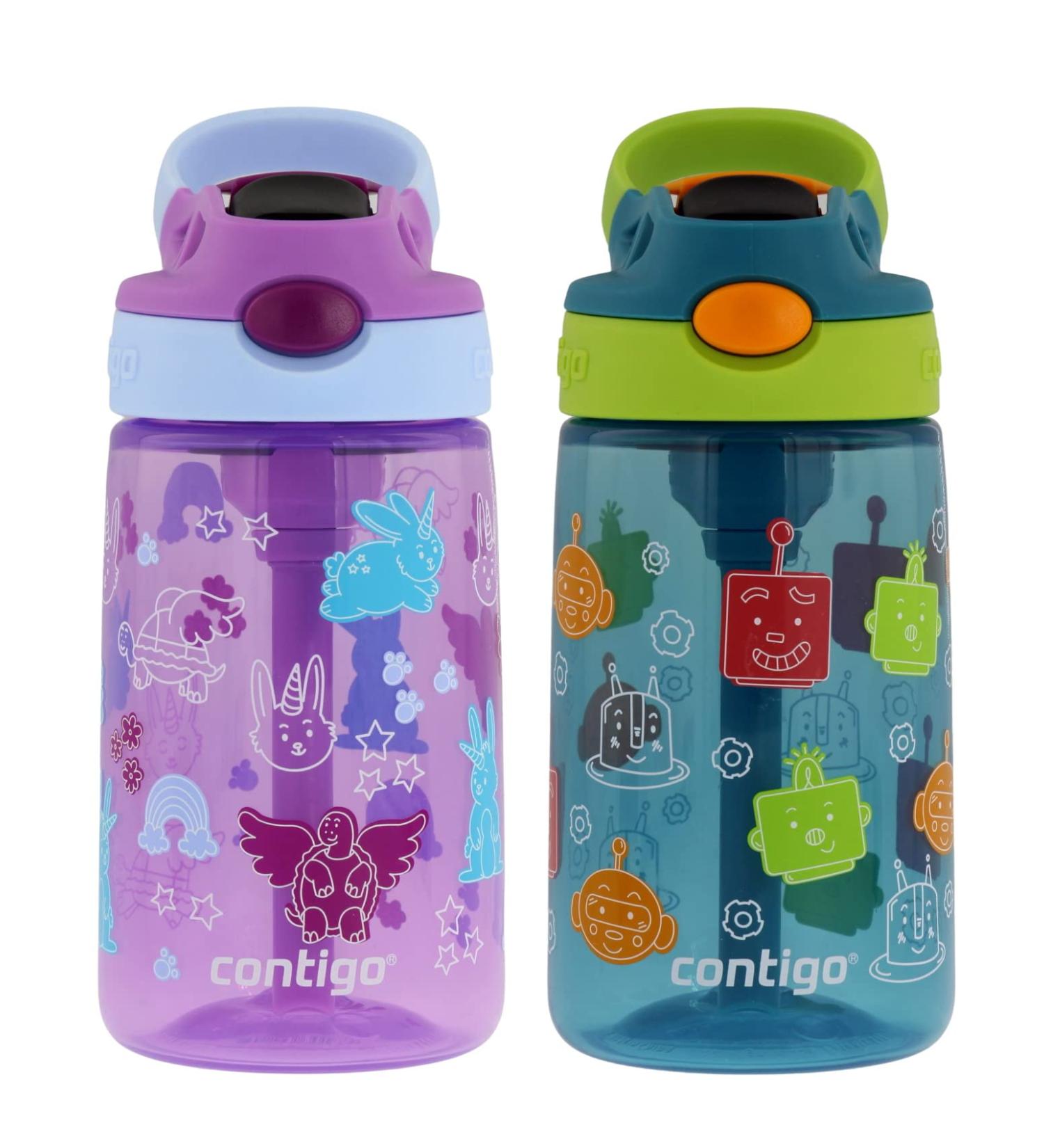 Contigo 14 oz Kids Water Bottle 2 Pack - Purple Bunnicorns & Blue Friendly Bots with Straw Lid - Buy Online on GoSupps.com