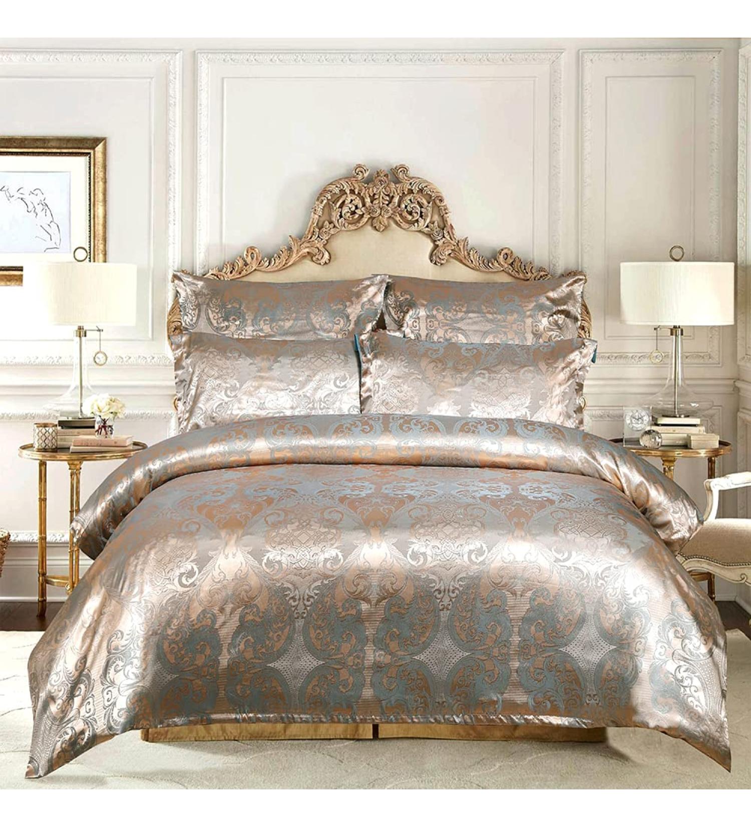 Floral Satin Duvet Cover Set Twin Size 3 Piece Luxury Silk Like Bedding Comforter Cover Set with Zipper Closure & Corner Ties (Red Twin) Soft (Blue Gold Twin(69"x91")) - Buy Online on GoSupps.com