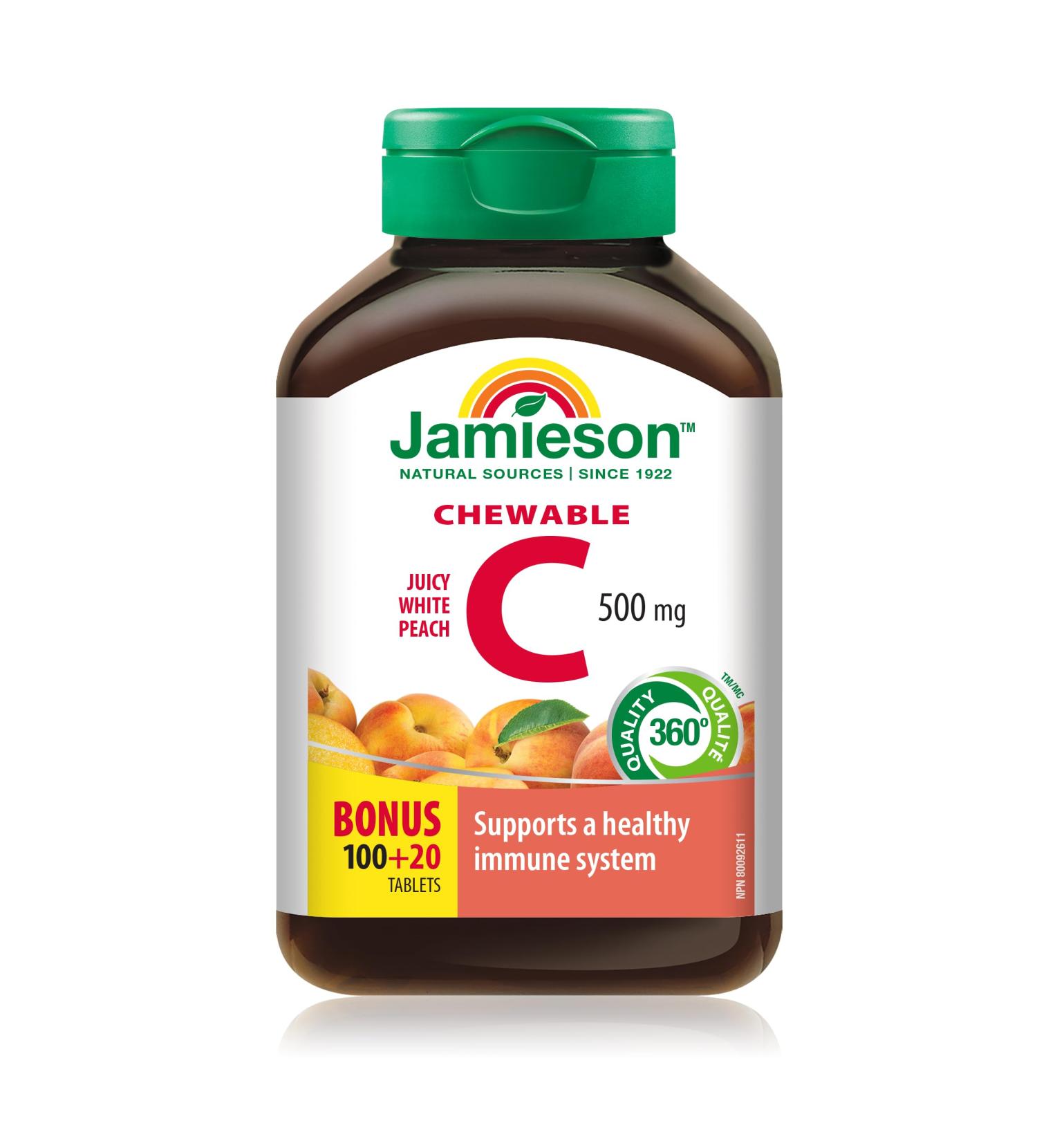 Jamieson Vitamin C Chewables 500 mg - Juicy White Peach Flavour 120 Tablets - Buy Online on GoSupps.com