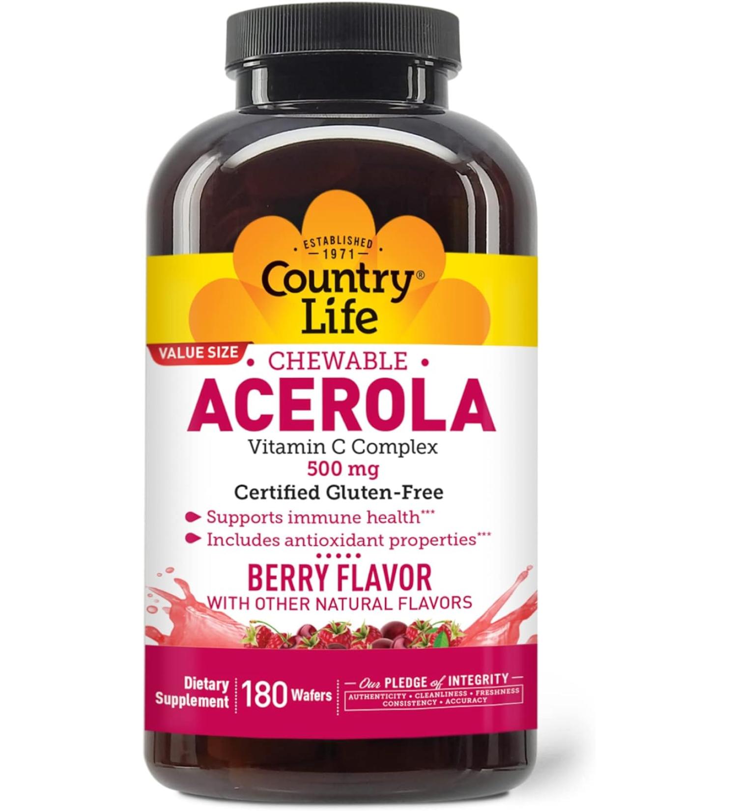 Country Life Acerola Vitamin C Complex 500mg Chewable Berry Flavored Wafers - 180 Wafers | Immune Health Support - Buy Online on GoSupps.com