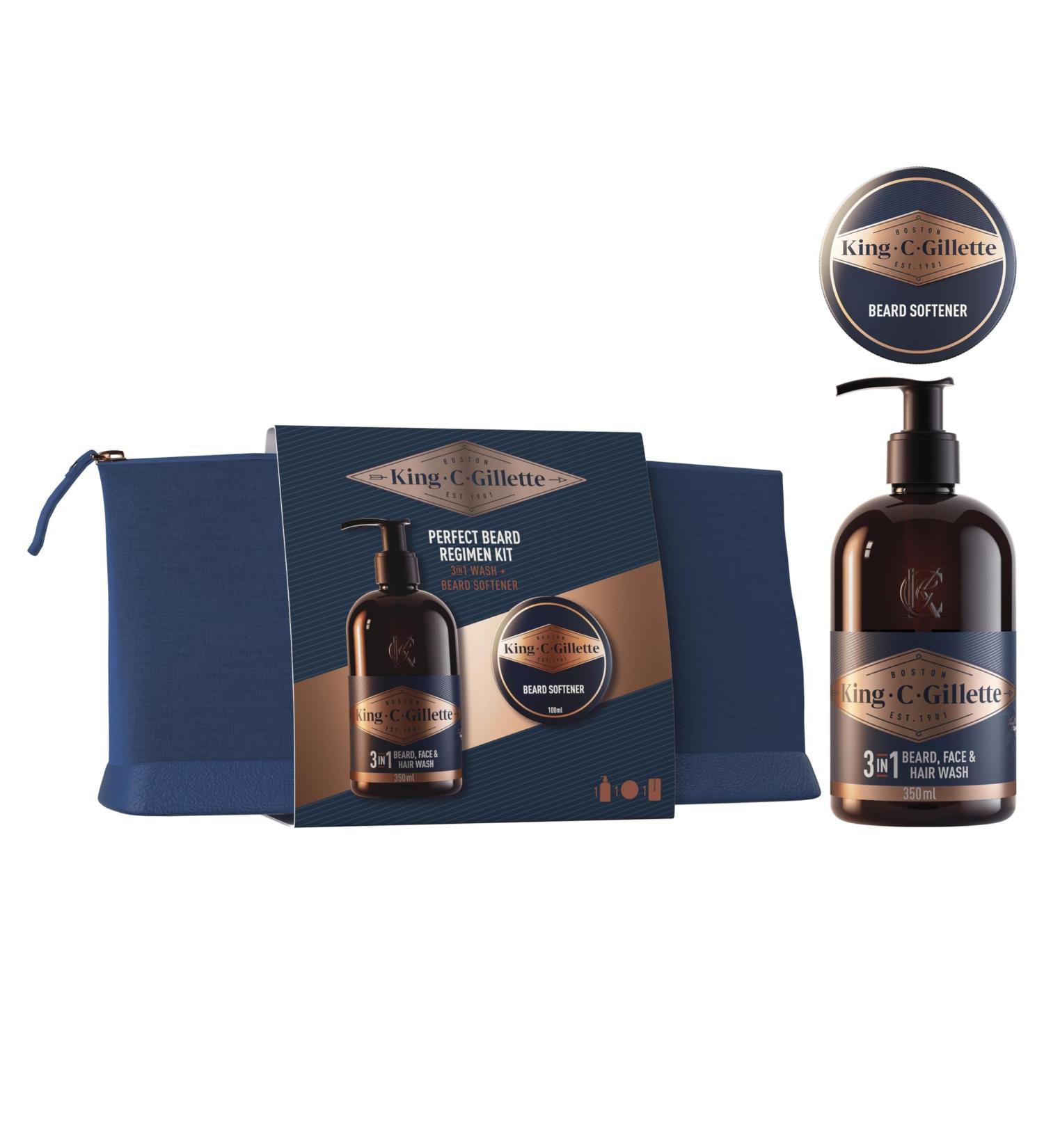 Gillette King C. Kit De Barbe Pour Une Routine Complete Coffret Soin Des Poils Pour Homme Inclus Nettoyant 3-en-1 Barbe Visage & Cheveux 350 ml Baume Adoucissant Trousse De Voyage lot nettoyant + baume - Buy Online on GoSupps.com