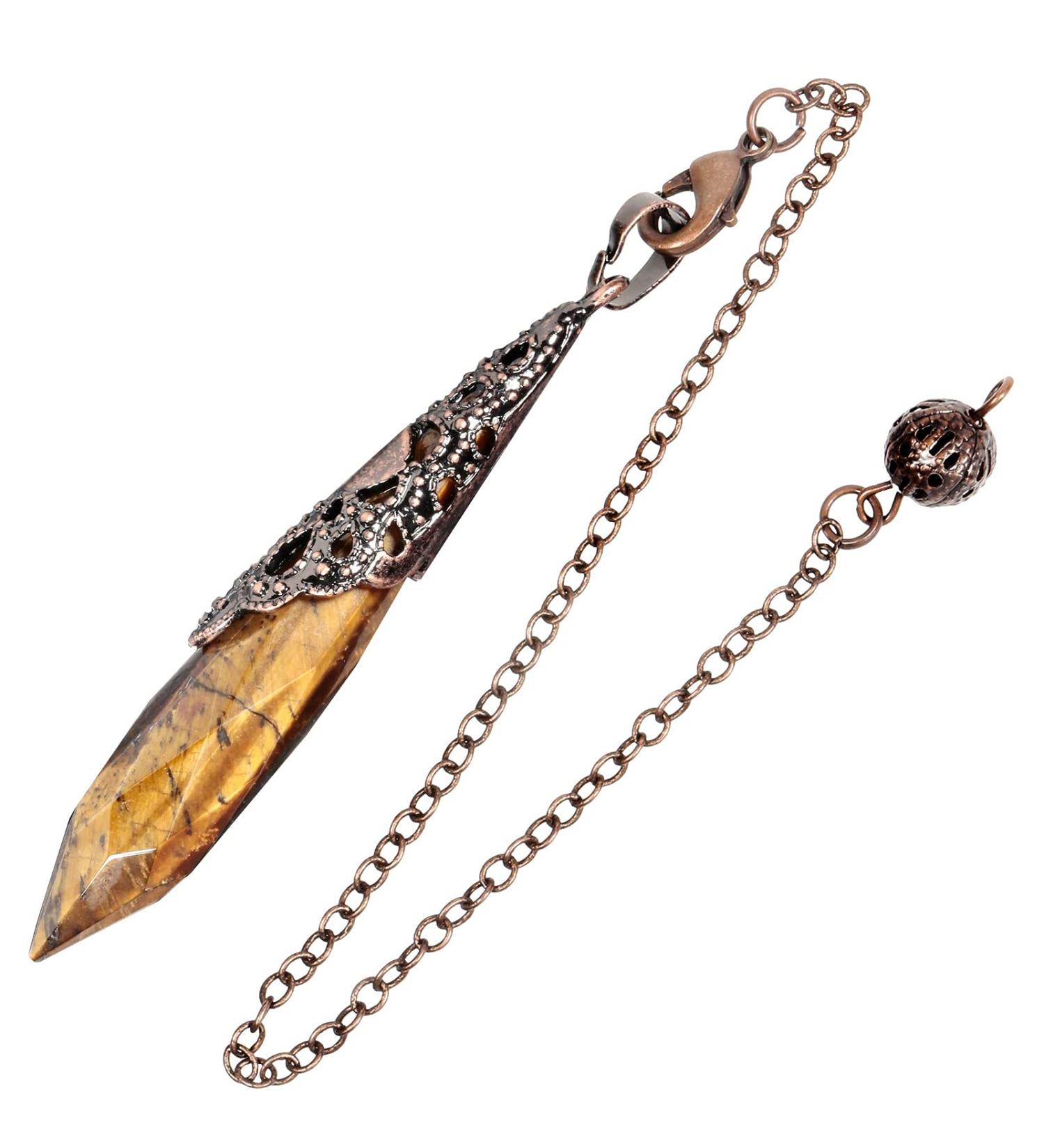 Kyeygwo Tiger Eye Reiki Healing Stone Pendulum Necklace - Vintage Chain Crystal Point Pendant for Men & Women - Gemstone Quartz for Divination Meditation & Scrying - Buy Online on GoSupps.com