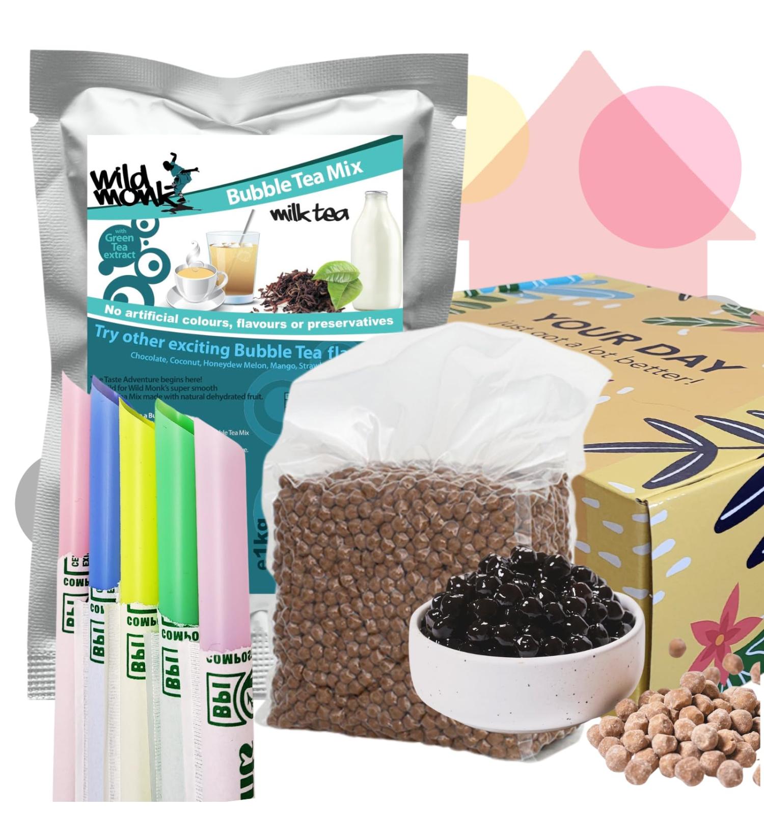 Wild Monk Bubble Tea Kit - Bubble Tea Set for Boba Tea at Home - Set Contains Milk Tea Powder (1kg) 1kg Tapioca Pearls 5X Bubble Tea Colourful Compostable Straws Paper Straws
