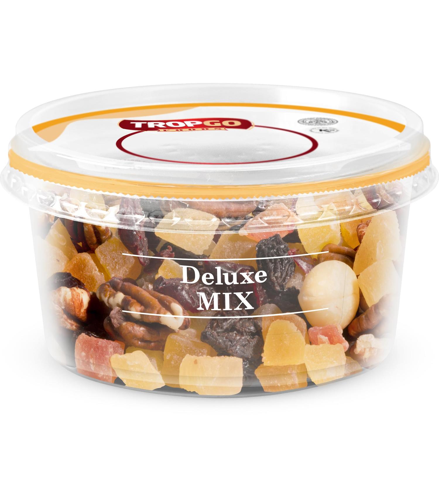 Tropgo Deluxe Mix 180gr - Mixed Nuts and Dried Fruits in a Resealable and Recyclable Nut Tub - Contains Fibre Protein and Essential Minerals - Wholesome Trail Mix - Healthy Snacks for All Ages - Buy Online on GoSupps.com