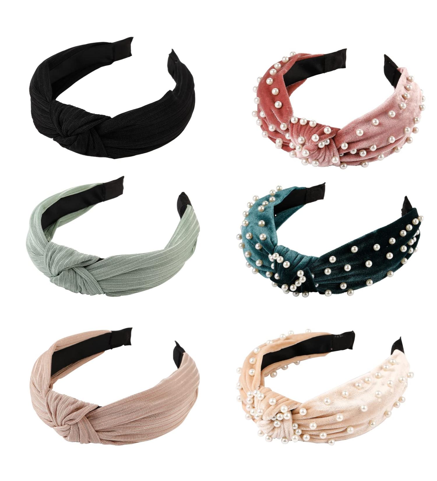 LOVNFC 6Pcs Knotted Headbands Set for Women - Velvet Hair Hoops with Pearl Accents | No Slip Fashion Turban Hair Bands - Buy Online on GoSupps.com