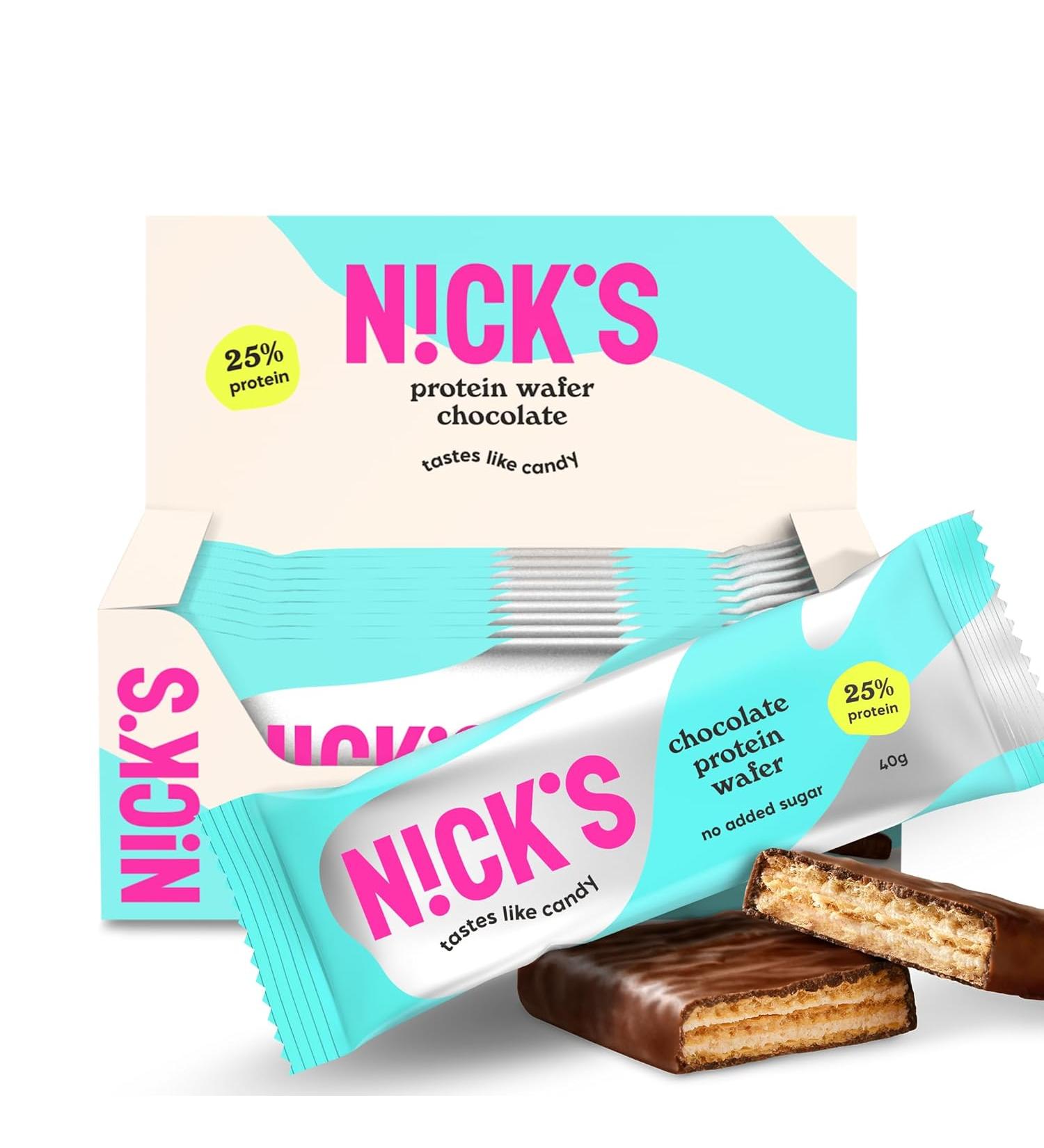 Nicks Protein Wafer Riegel Chocolate - 25% Protein Low Carb Sugar-Free Gluten-Free Snack Bars (9 x 40g) - Buy Online on GoSupps.com