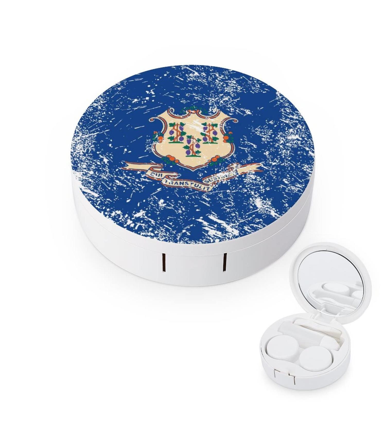 Connecticut State Flag Round Case For Contact Lens Kit Storage Box with Mirror Printed - Buy Online on GoSupps.com