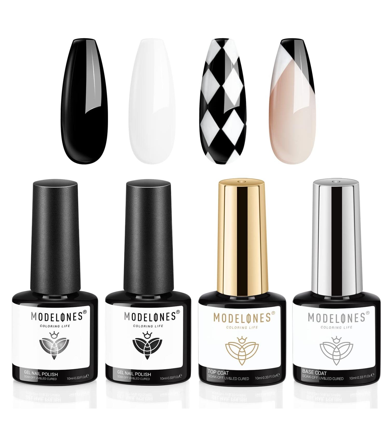 Modelones Black and White Gel Nail Polish Kit - 2 Colors 10ml Set with Base & Top Coat for High Gloss Finish | Nail Art Manicure Design - Buy Online on GoSupps.com
