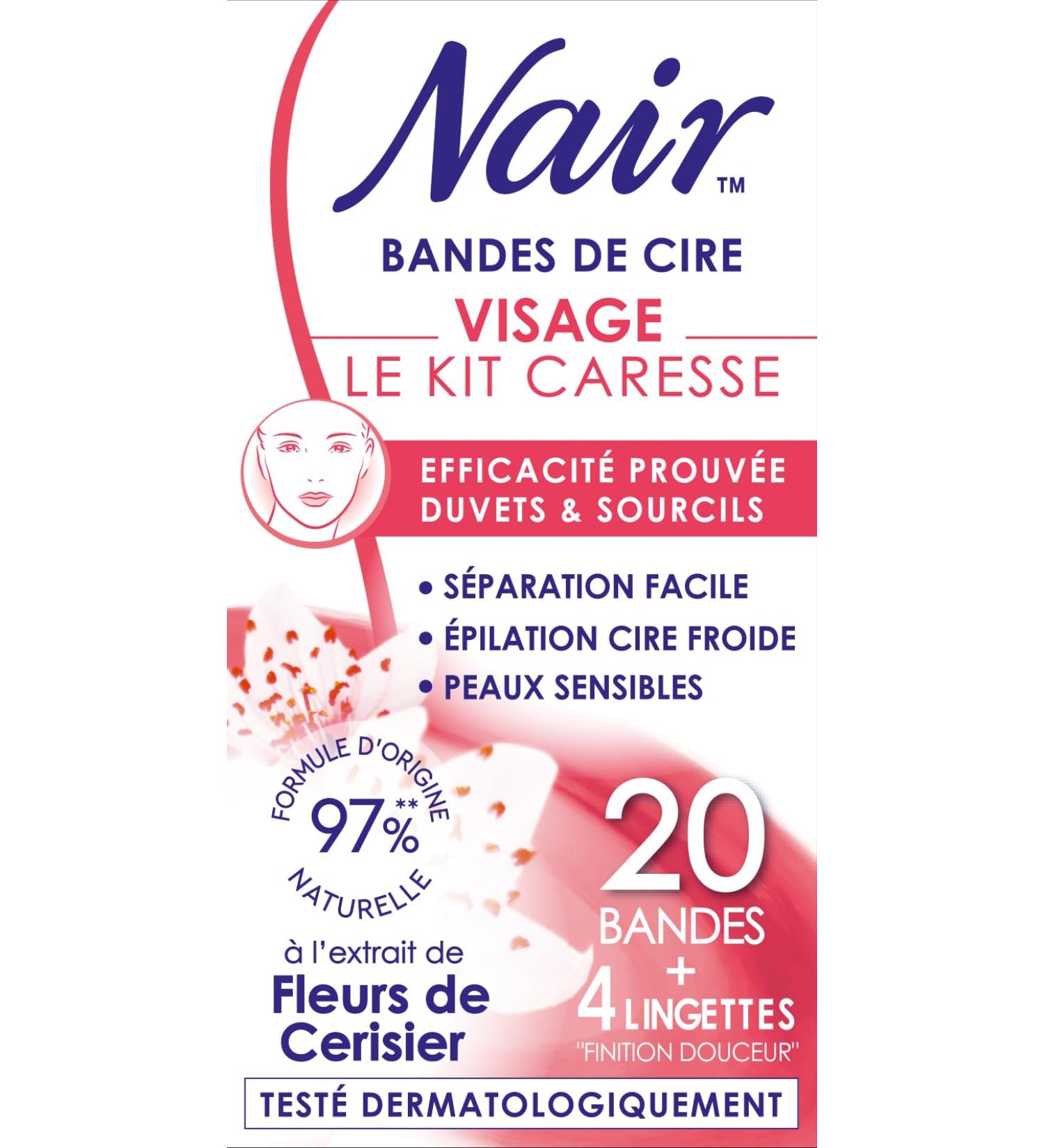 Nair Caress Set - Cold Wax Strips for Sensitive Skin | 97% Natural Formula with Cherry Flower Extract | 20 Easy-to-Separate Wax Strips for Face | Shop Internationally - Buy Online on GoSupps.com