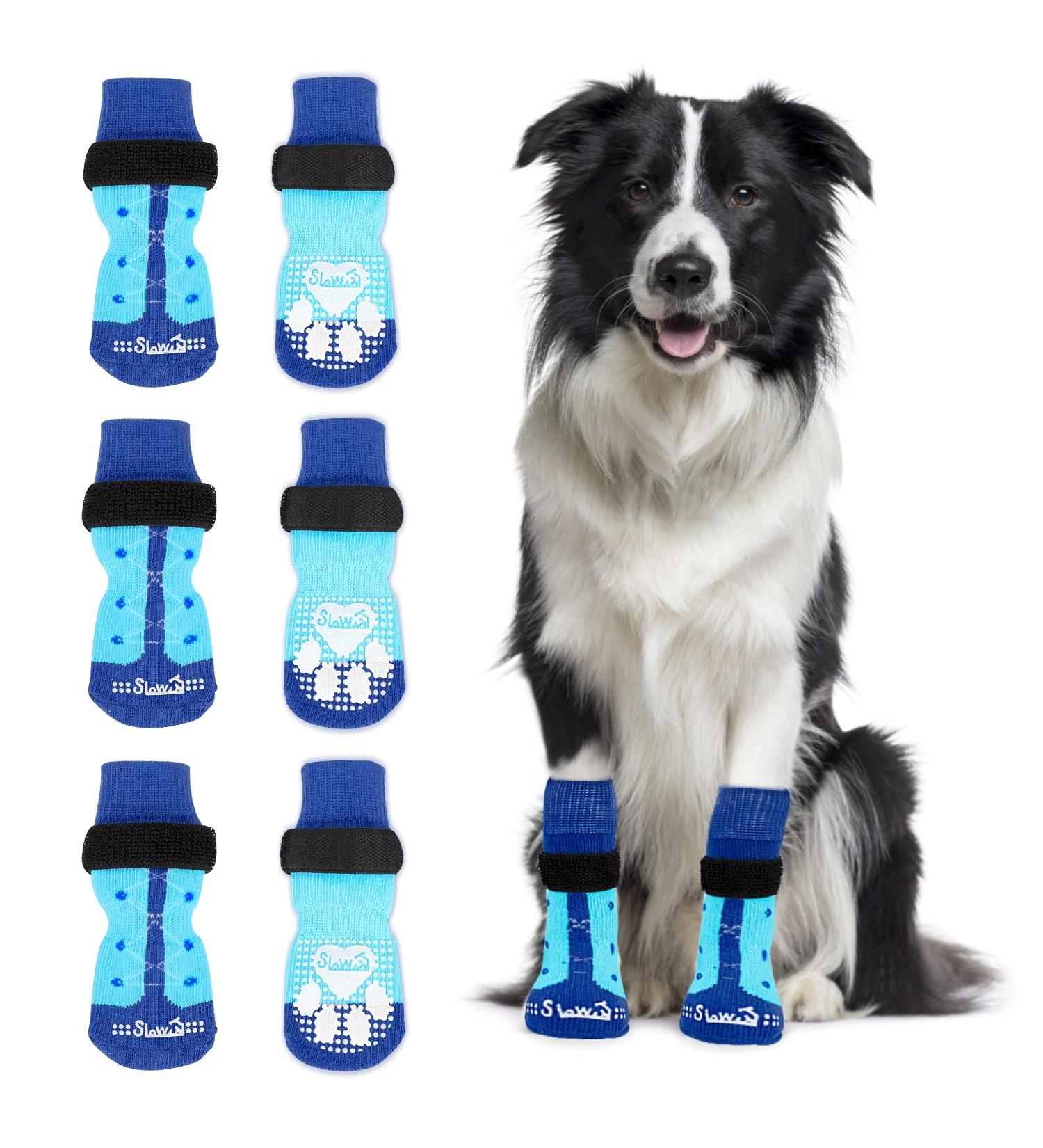 Slowton Anti-Slip Dog Socks - 3 Pairs for Indoor Use | Soft Velcro Paw Protection for Small & Medium Dogs on Hardwood Floors - Blue (M) - Buy Online on GoSupps.com