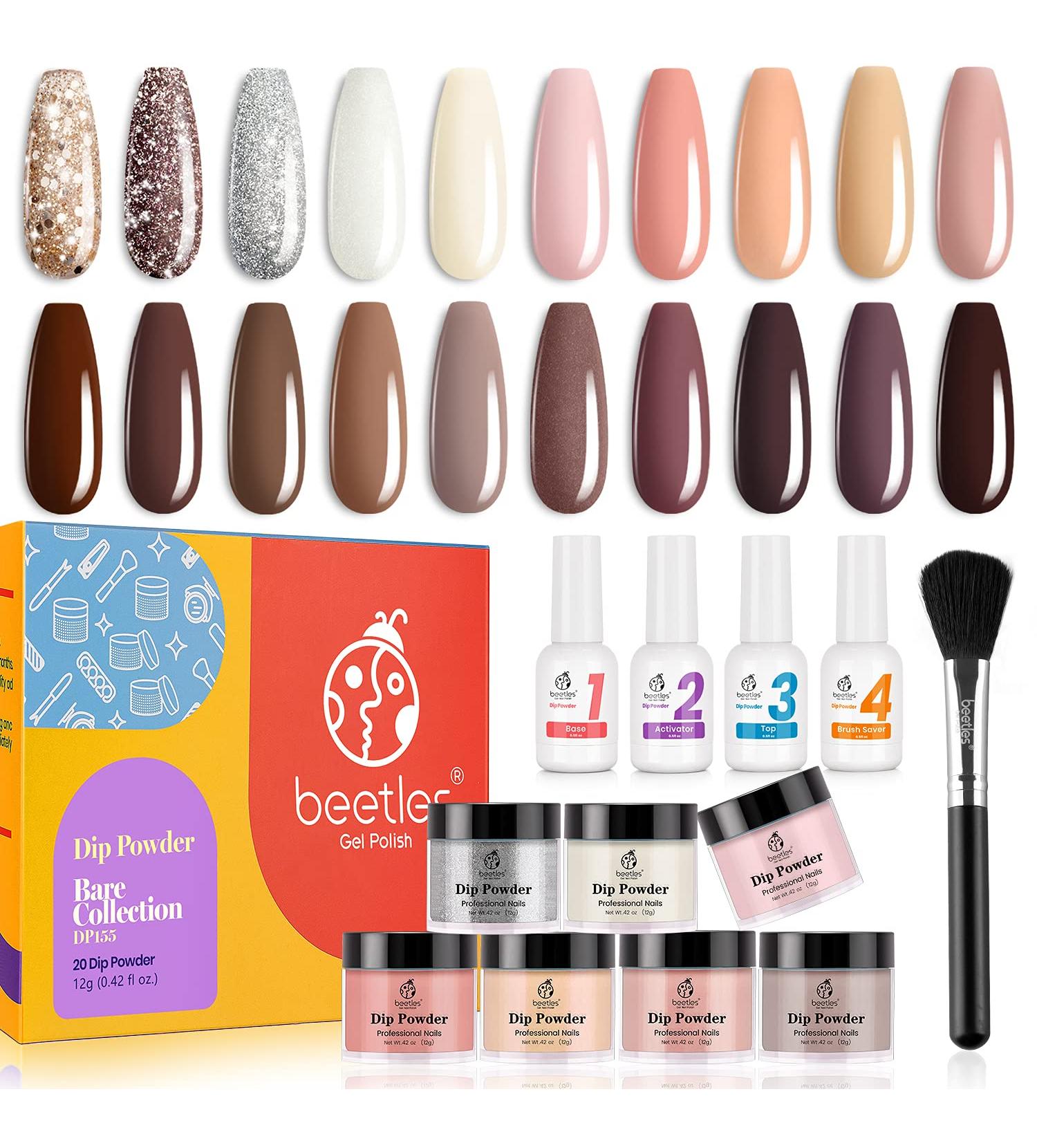 Beetles 20PCS Dip Powder Nail Kit - Bare Collection | White Nude Pink Brown Glitters Colors | Dipping Powder Starter Set with Base, Top Coat, Activator, Brush | G-Bare Collection 25 Piece Set - Buy Online on GoSupps.com