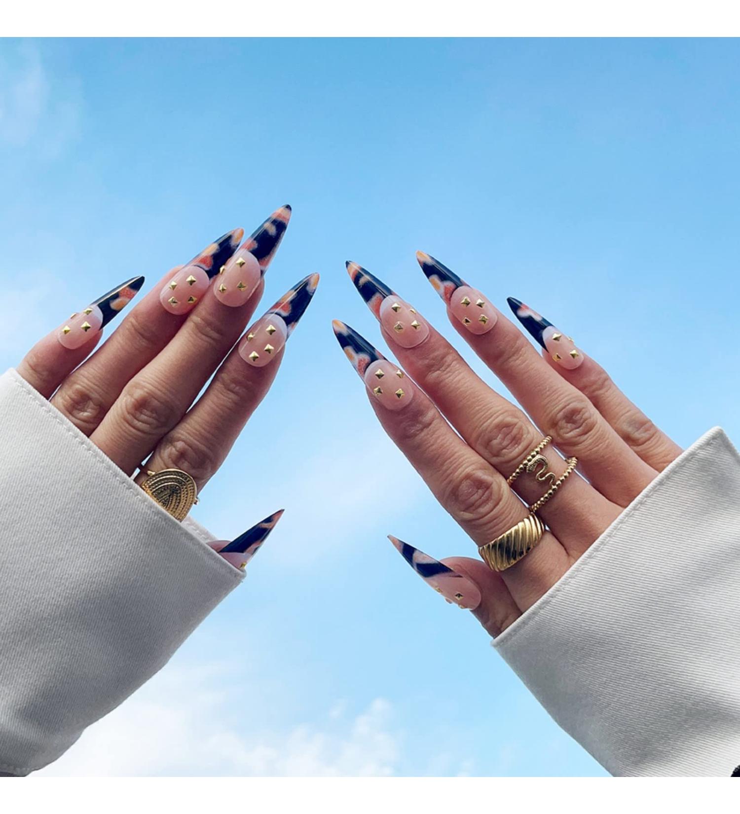 JUSTOTRY 24 Pcs Stiletto Fake Nails with Jewels | Black French Press on Nails | Patterns Cloud Almond Stick on Nails | Extra Long False Nails for Women | Nail Art Glue Included - Buy Online on GoSupps.com