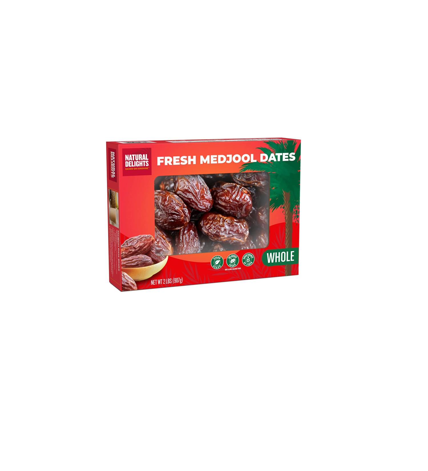 Natural Delights Medjool Dates  Large & Plump Whole Dates Medjool, Non-GMO Verified, Good Source of Fiber, Naturally Sweet Fruit Snack, Perfect for On-the-Go - Medjool Dates Whole, 2 lb Box