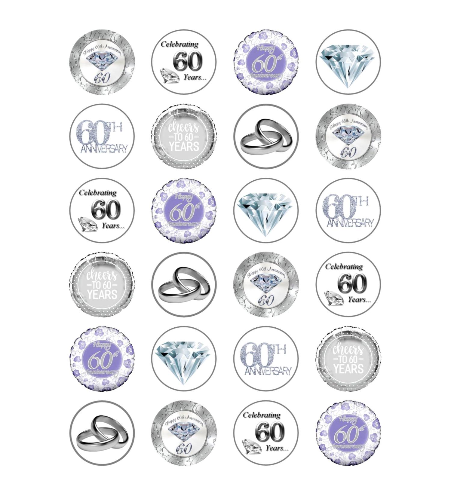 24 x 60th Wedding Anniversary Mix Edible Wafer Card Cupcake Toppers Cake Party Decorations
