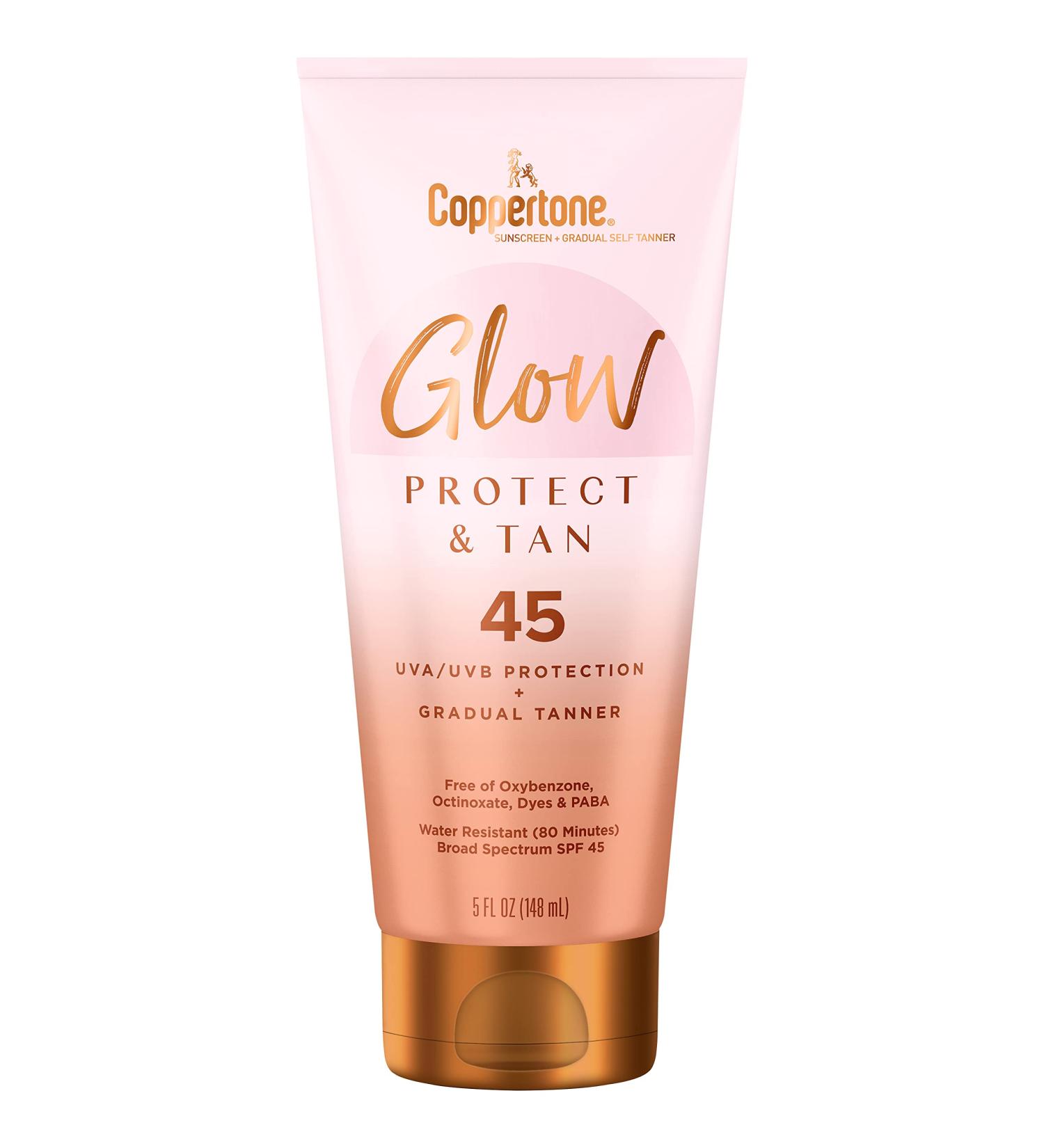 Coppertone Glow Protect and Tan Sunscreen Lotion SPF 45 - Water Resistant, Gradual Self Tanner - 5 Fl Oz Tube - Buy Online on GoSupps.com
