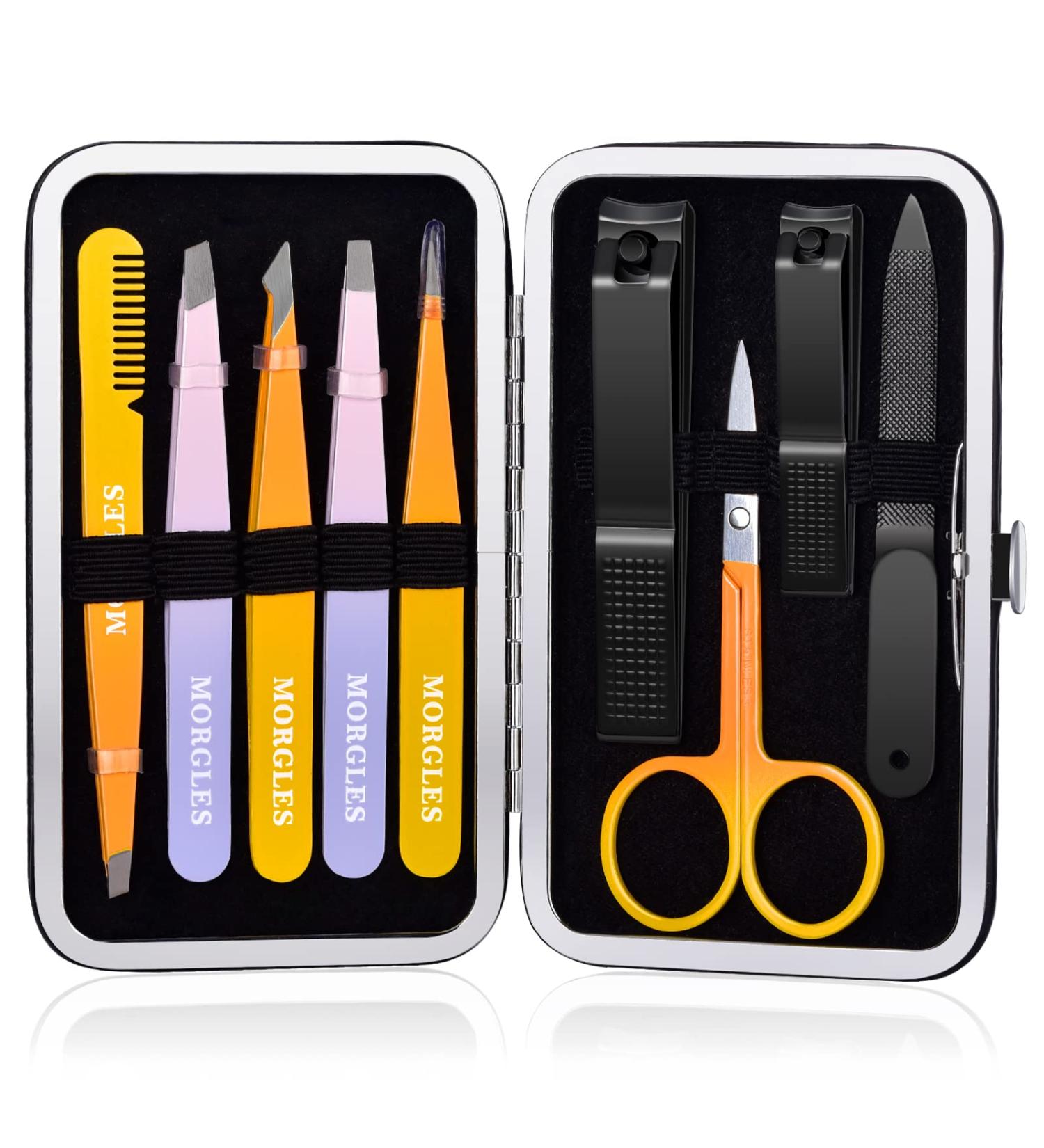 MORGLES Tweezer Set with Nail Clippers - Professional 9 Pack Kit for Women and Men with Leather Travel Case - Buy Online on GoSupps.com