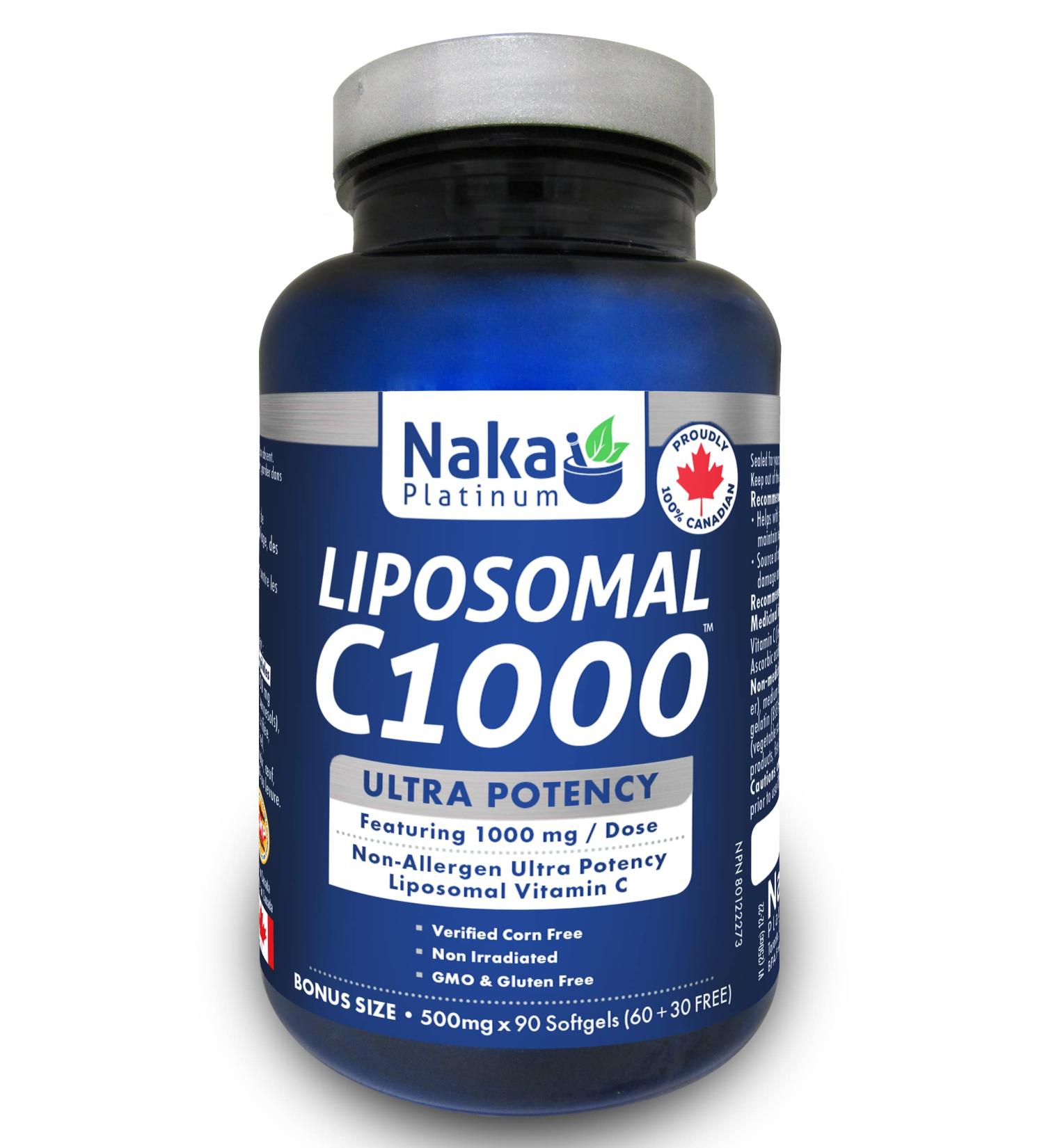 Naka Platinum LIPOSOMAL C1000 featuring 1000 mg/dose Non-Allergen High Potency Liposomal Buffered Vitamin C (90 softgels 500mg/softgel) 90 count (Pack of 1) 500mg/softgel - Buy Online on GoSupps.com