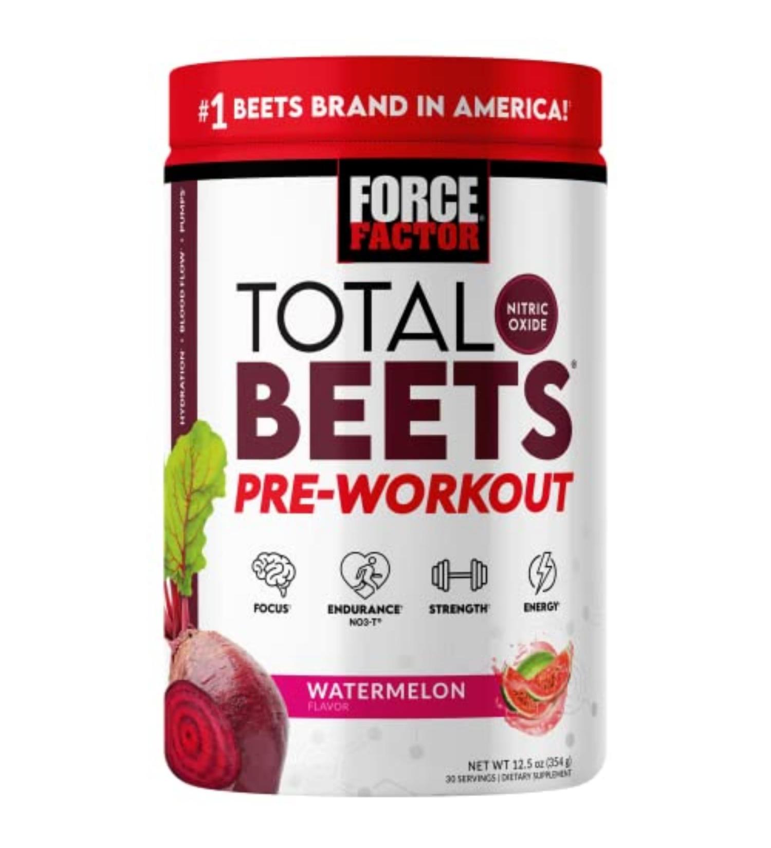 Force Factor Total Beets Pre-Workout Powder to Boost Energy & Endurance, Increase Strength, and Improve Blood Flow and Pumps, Nitric Oxide Supplement with Beet Root Powder, Watermelon, 30 Servings - Buy Online on GoSupps.com