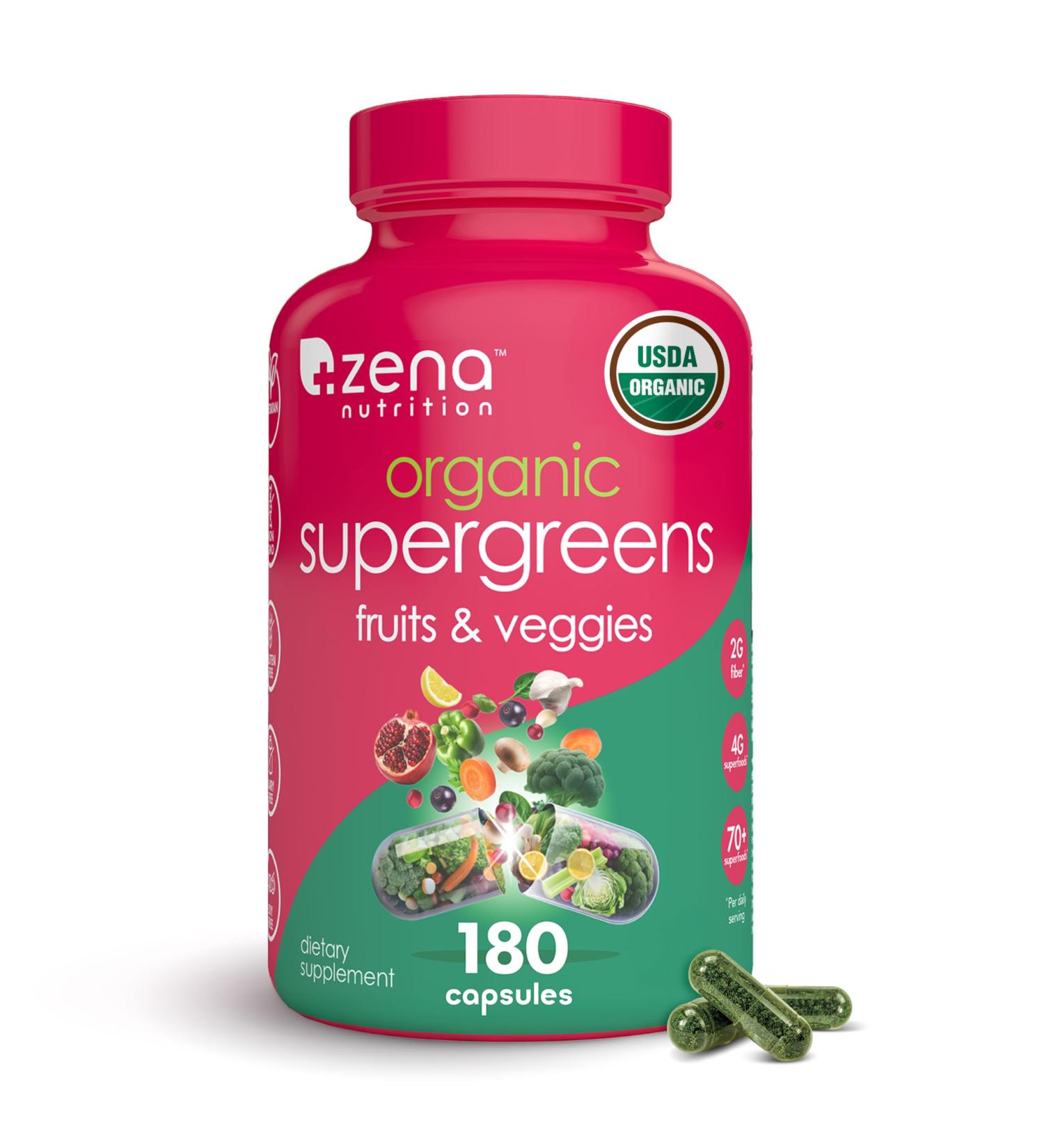 Zena Nutrition Organic Super Greens Fruit & Veggies Supplement 70+ Superfoods from Fruit & Vegetables Spirulina Chlorella Prebiotics & Probiotics Digestive Enzymes for Gut Health 180 Capsules Unflavoured Capsules - Buy Online on GoSupps.com