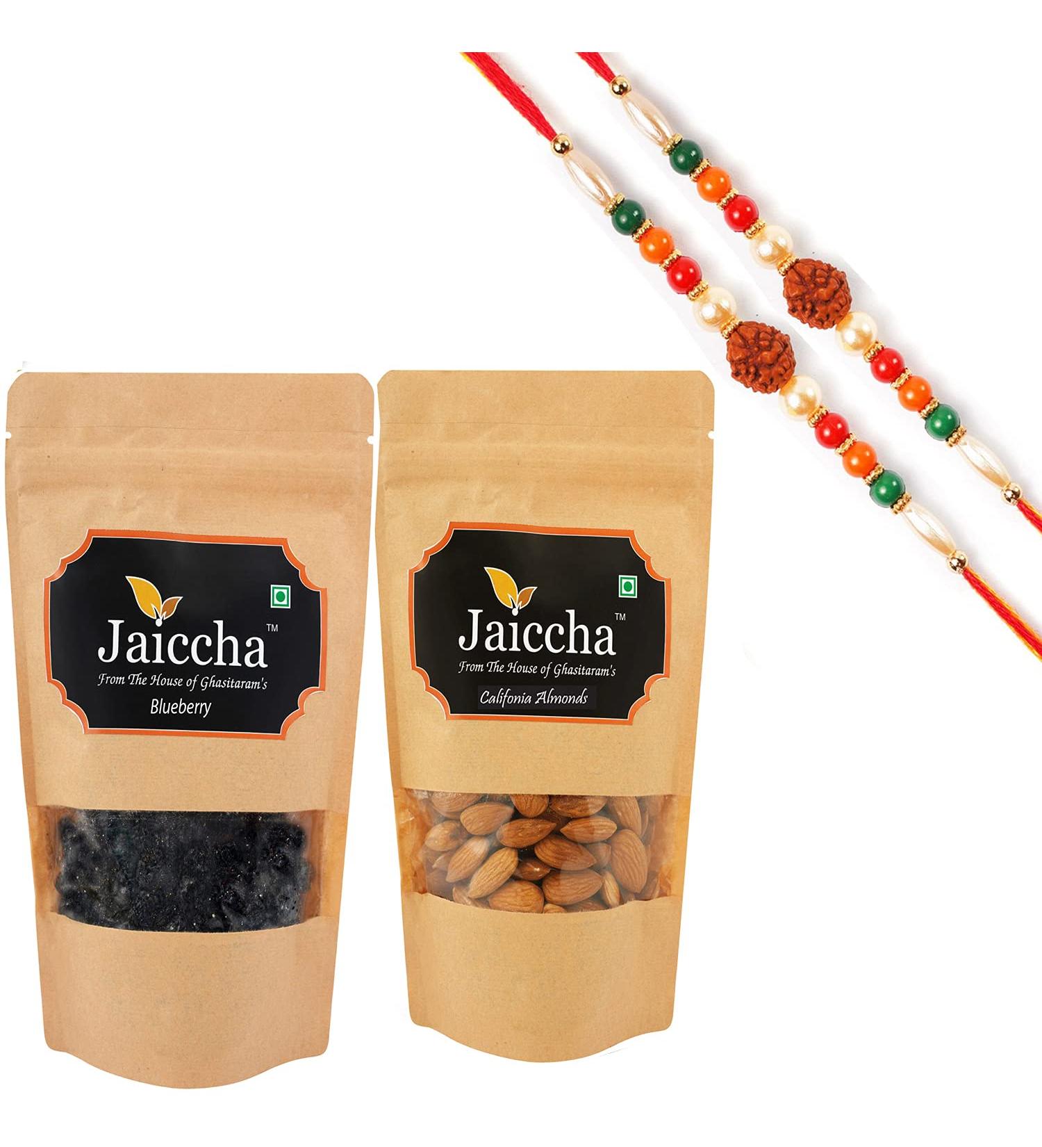 Jaiccha Ghasitaram Rakhi Gifts for Brothers Rakhi Dryfruits - Blueberry 100 GMS and Almonds 100 GMS Pouch with 2 Rudraksh Rakhis - Buy Online on GoSupps.com