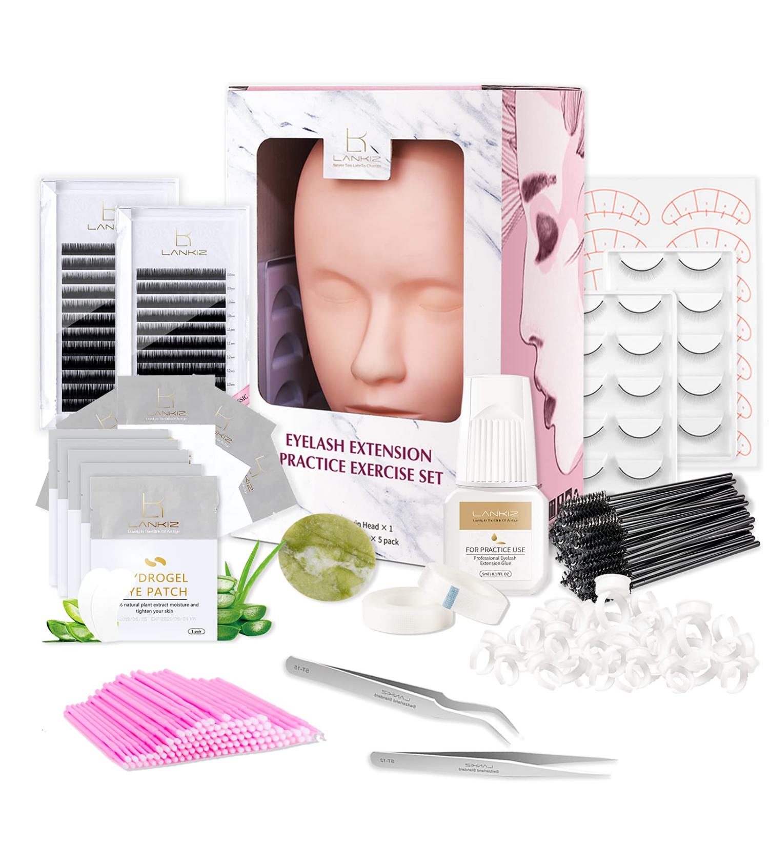 LANKIZ Eyelash Extension Kit for Beginners - Mannequin Head Practice Set with Individual Lashes, Glue, Tweezers and Training Lashes - Buy Online on GoSupps.com