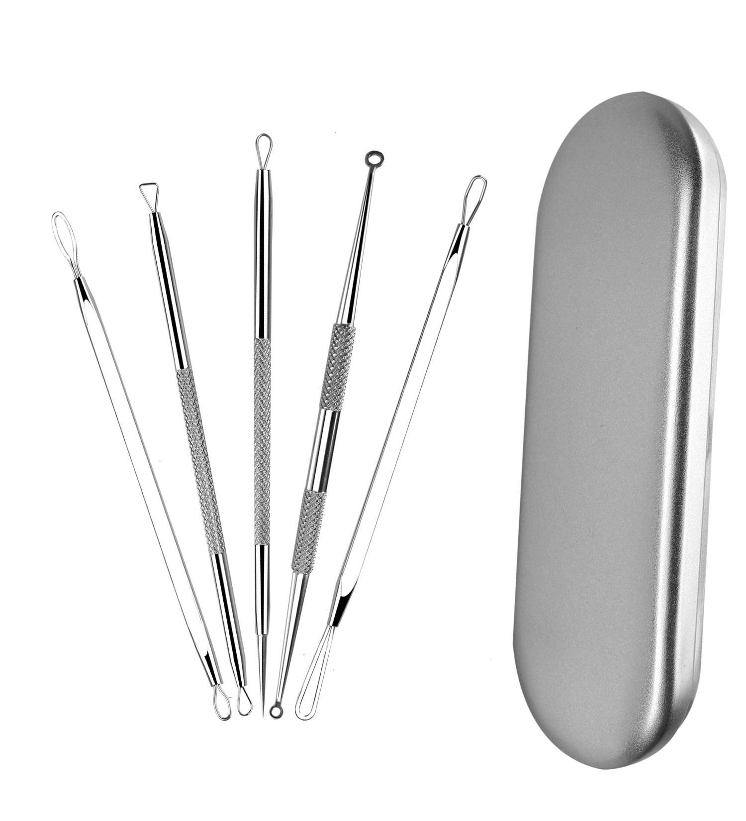 6-piece tool set for removing blackheads with curved tweezers against acne spots with leather case and mirror