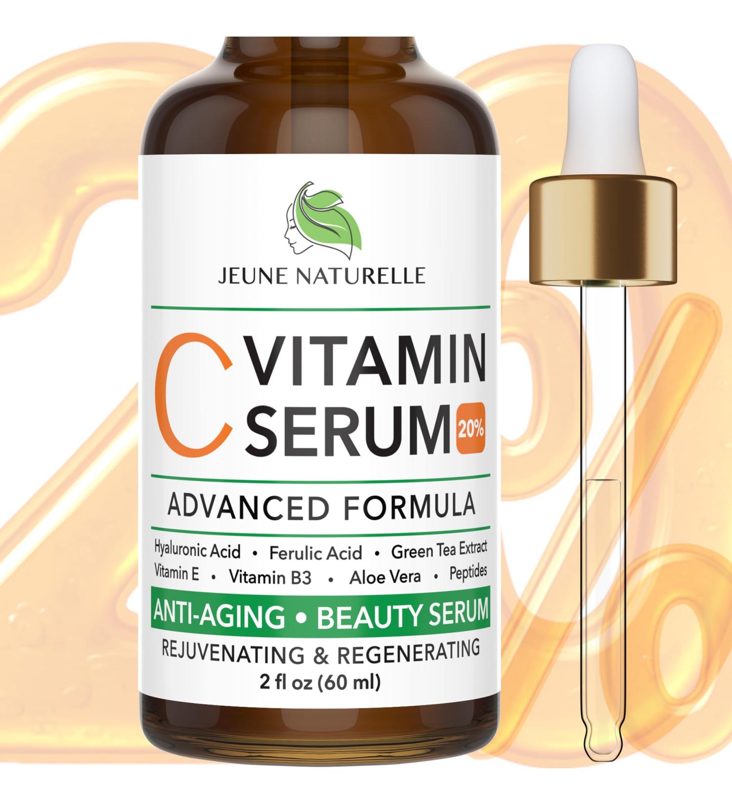 All Natural Pure 20% Vitamin C Serum For Face + 6 Active Boosters for Dark Spots Wrinkles Brightening Hydrating Even Tone Healthy Glow with Niacinamide Hyaluronic Acid Ferulic Acid Vitamin E - Buy Online on GoSupps.com
