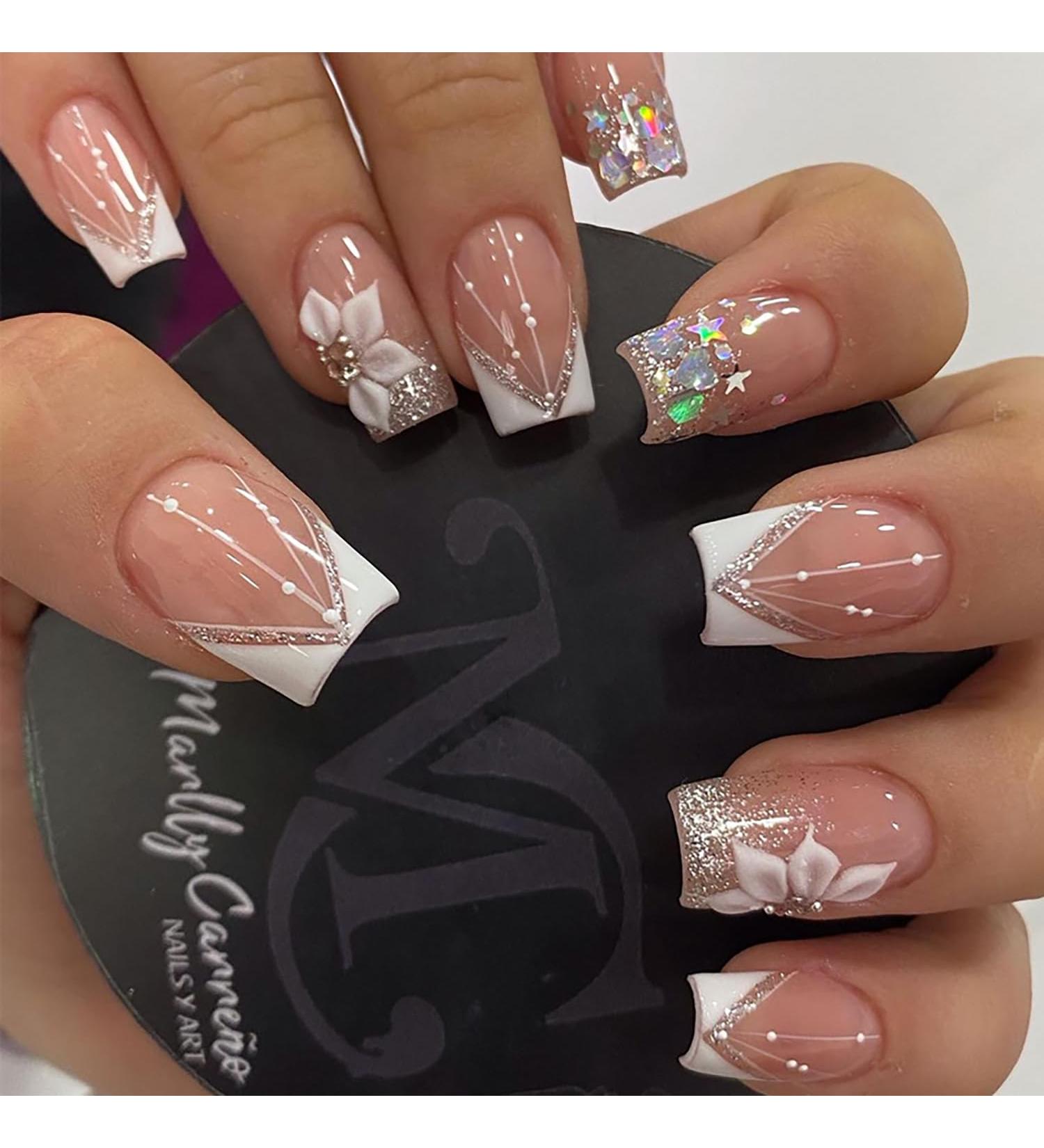 V French Tips Short Square Press-On Nails | Flower Acrylic Fake Nails with Rhinestones & Glitter | Glossy Nude Glue-On Nail Art for Daily Wear - Buy Online on GoSupps.com