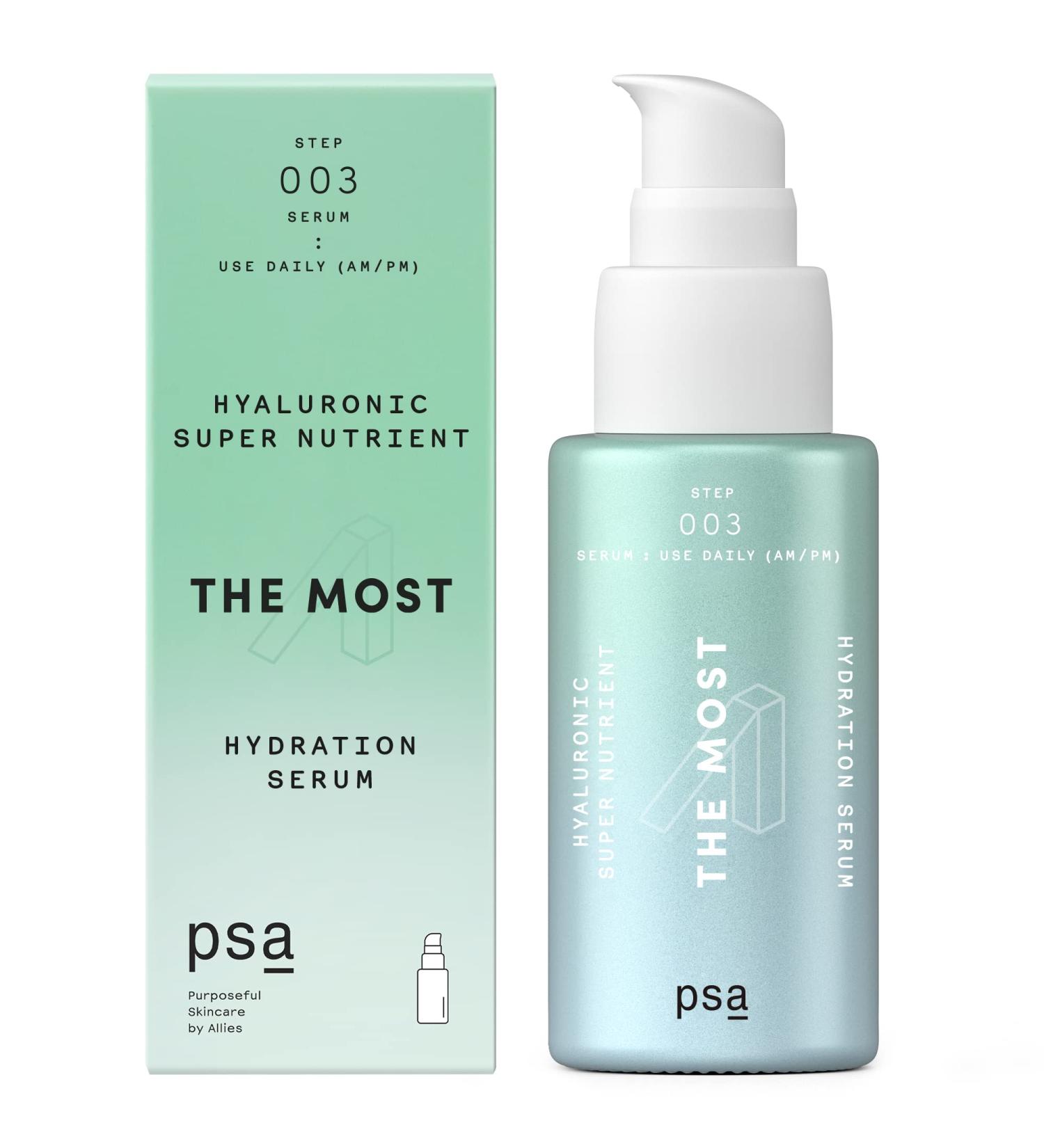 PSA THE MOST Hyaluronic Antioxidant Super Nutrient Hydration Serum: Hydrating & Plumping Serum with Multiple Hyaluronic Acid Complex Bisabolol Kombucha. 30 ml / 1 oz.