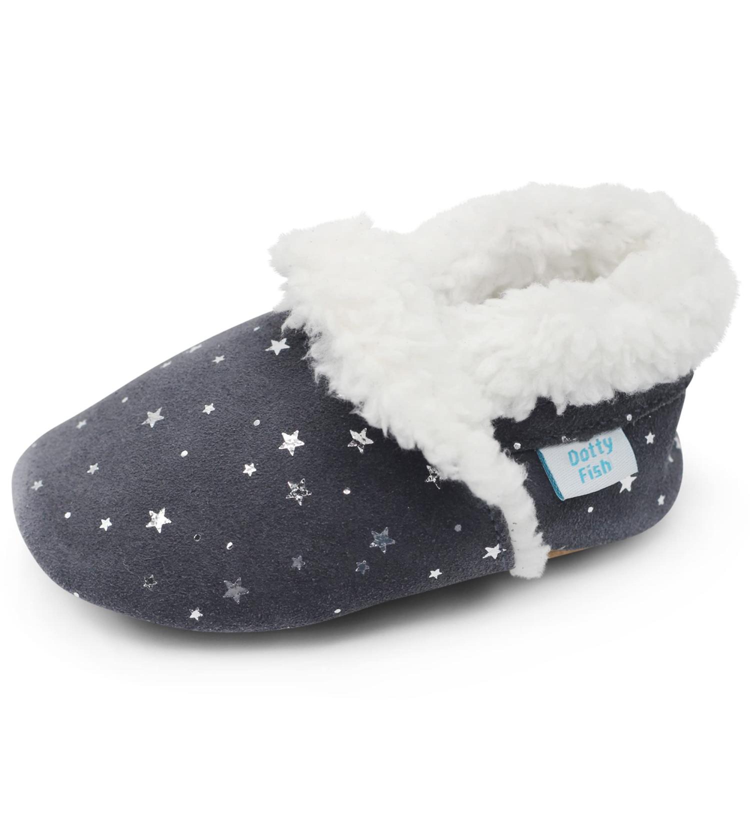 Dotty Fish Suede Baby Slippers | Warm Fleece Lined Infant Toddler Shoes | Non-Slip Soft Sole for Boys and Girls | 0-6 Months to 5-6 Years | Silver Stars - Buy Online on GoSupps.com