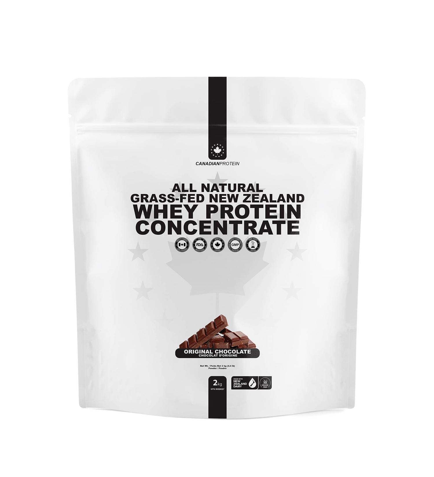 Canadian Protein Grass-Fed New Zealand Whey Concentrate with Stevia 24g of Protein | 2 kg of Natural Original Chocolate Flavoured Low Carb Workout Recovery Drink | Undenatured Whey Protein Shake - Buy Online on GoSupps.com