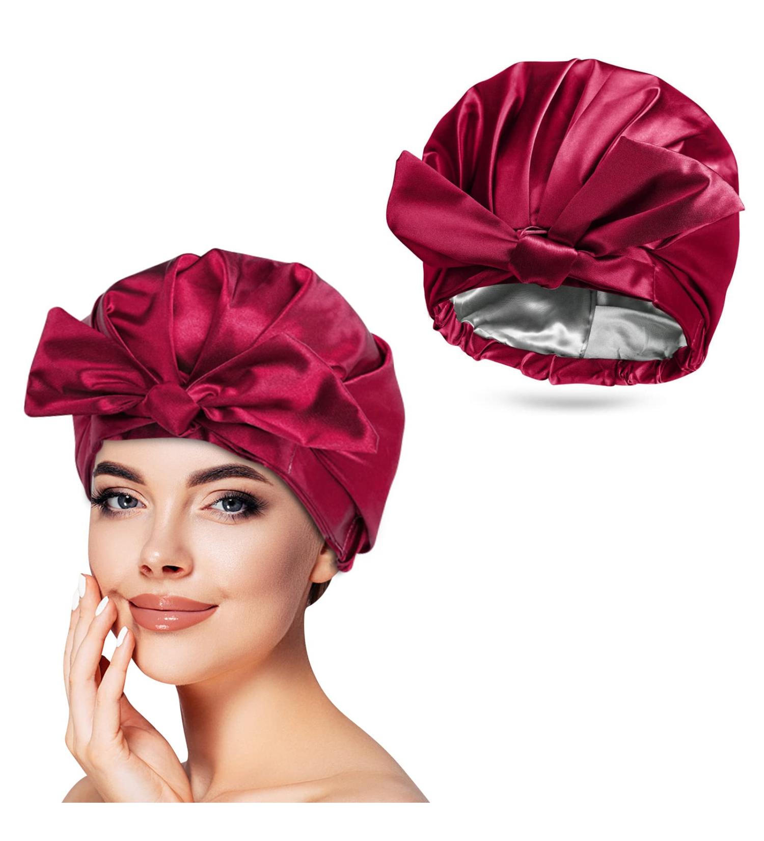 Arqumi Reusable Shower Cap with Ribbon Bow - Waterproof Double-Layer Hair Bonnet for Women Men - Wine Red - Buy Online on GoSupps.com