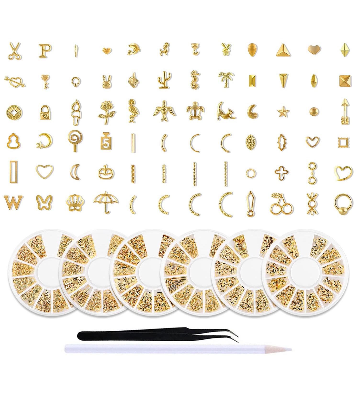 Gold Nail Charms Set - 6 Boxes Metal Studs for Acrylic Nails | Various Designs for Nail Art Decorations | Flowers, Shells, Stars, Moons, Beaches | Thin Flakes Kit - Buy Online on GoSupps.com