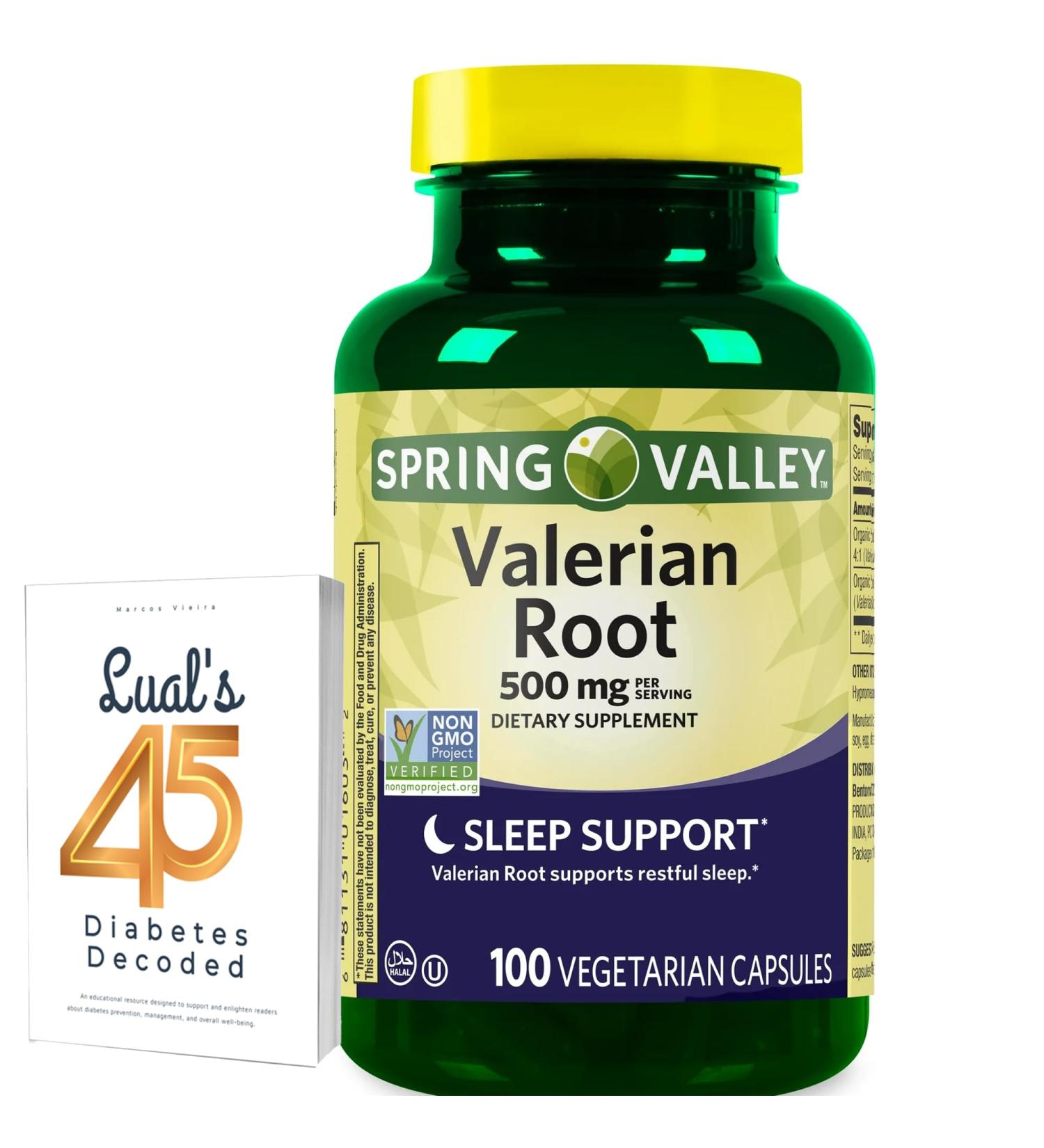 Spring Valley Valerian Root 500 mg Vegetarian Capsules 100 Count Natural Relaxation & Calmness Bundle with Lual's 45 Diabetes Decoded - Buy Online on GoSupps.com