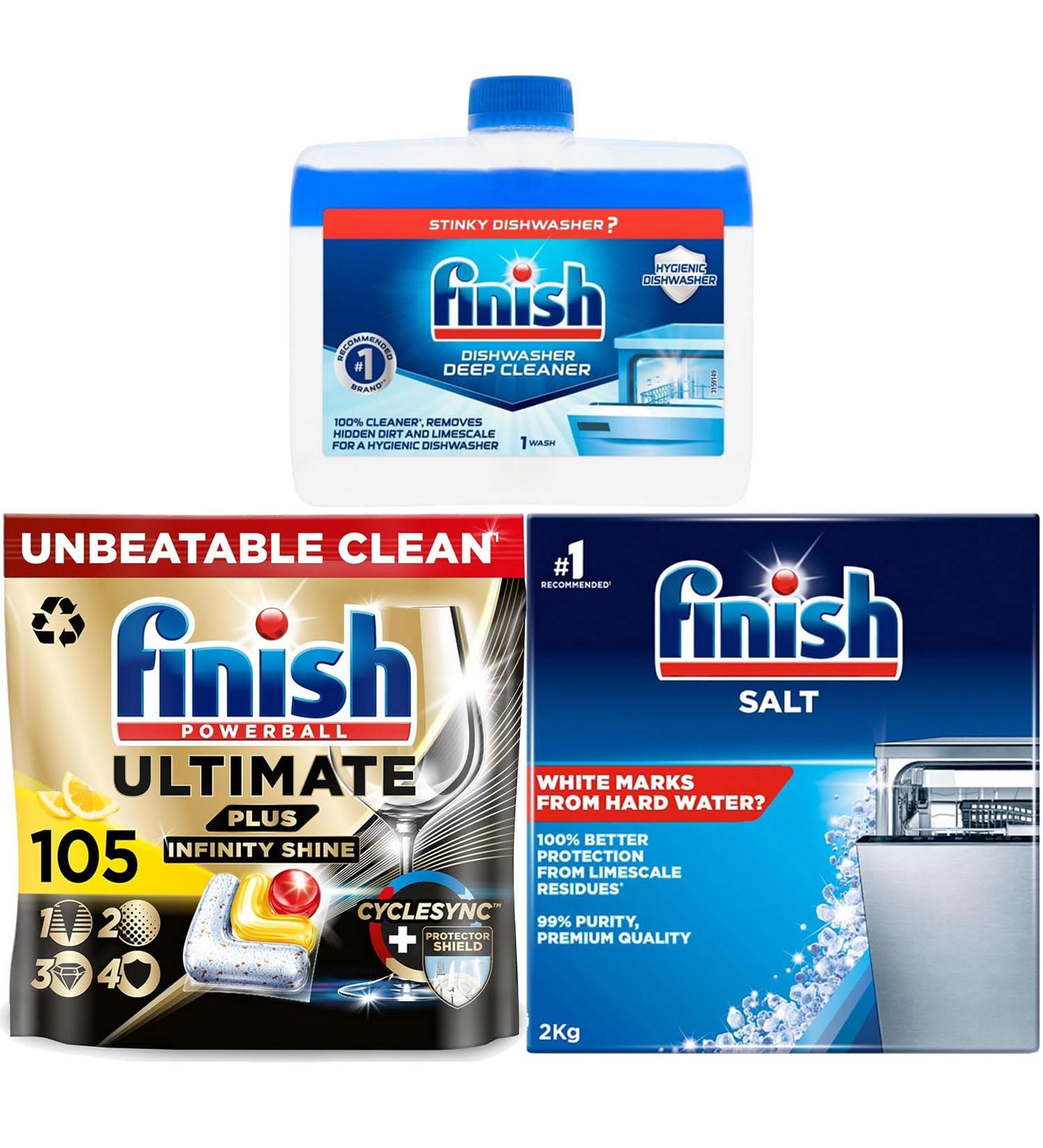 Bundle of Finish Ultimate Plus Infinity Shine Dishwasher 105 Tablets Lemon Bundle 1 x Dishwasher Cleaner 1 x Dishwasher Salt 2kg - Buy Online on GoSupps.com