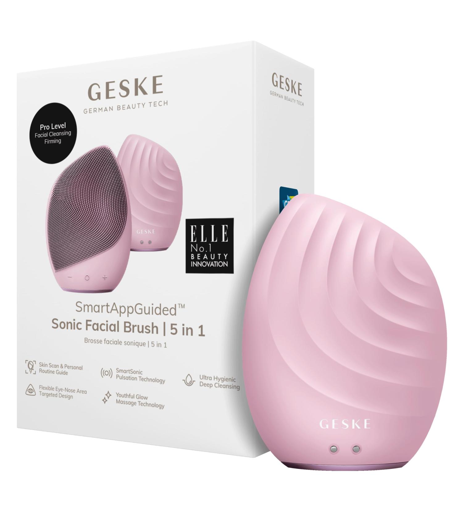 Geske SmartAppGuided Sonic Facial Brush 5 in 1 - Electric Silicone Cleaning & Massager in Pink | Professional Facial Care Device for Radiant Skin - Buy Online on GoSupps.com
