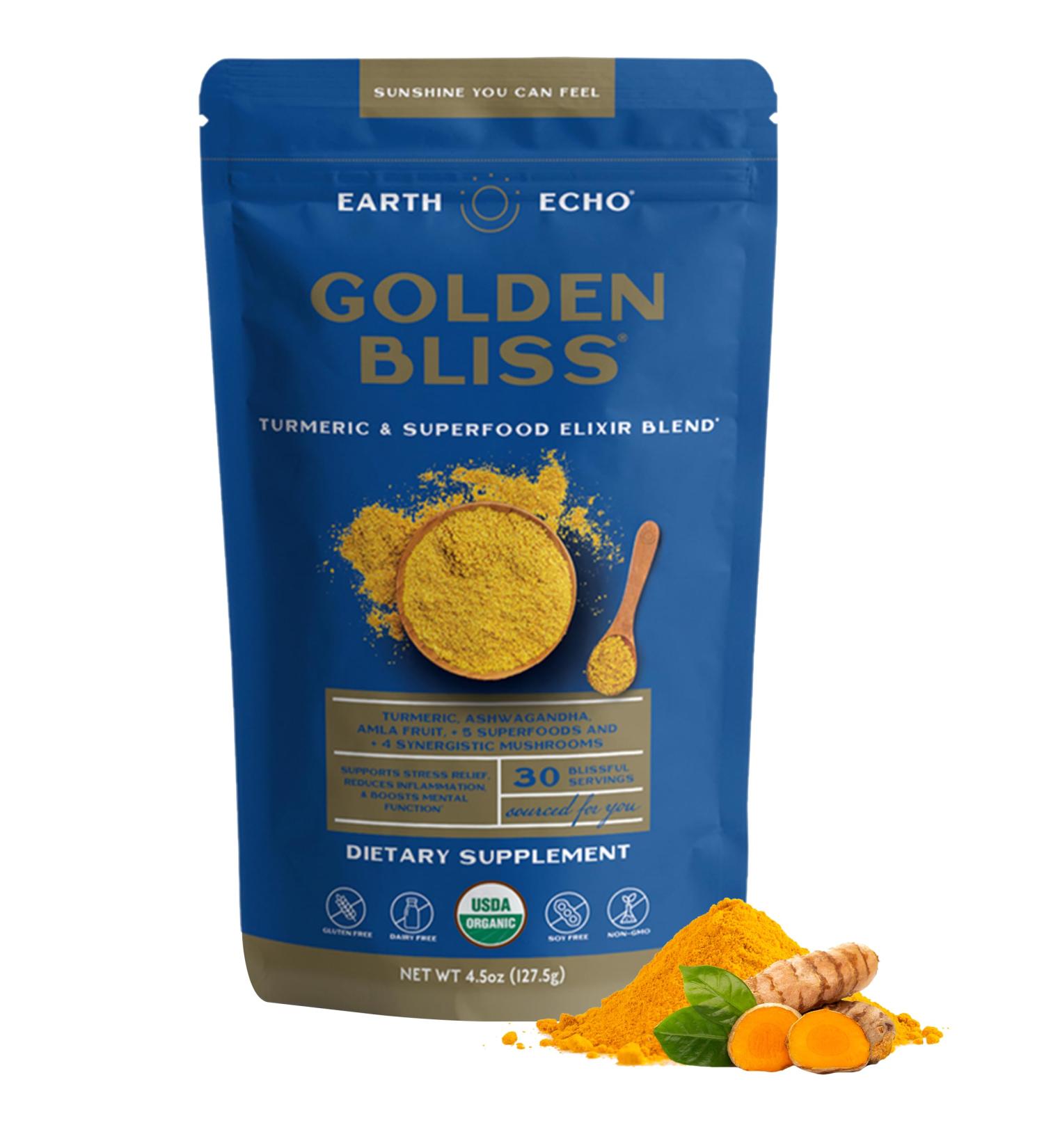 Earth Echo Golden Bliss - Organic Golden Milk with Turmeric and Ginger - Nighttime Superfood Mix for Relaxation & Sleep - Milk Powder for Baking & Latte - Vegan Dairy-Free Keto-Friendly 30 Servings 4.5 Ounce (Pack of 1) - Buy Online on GoSupps.com