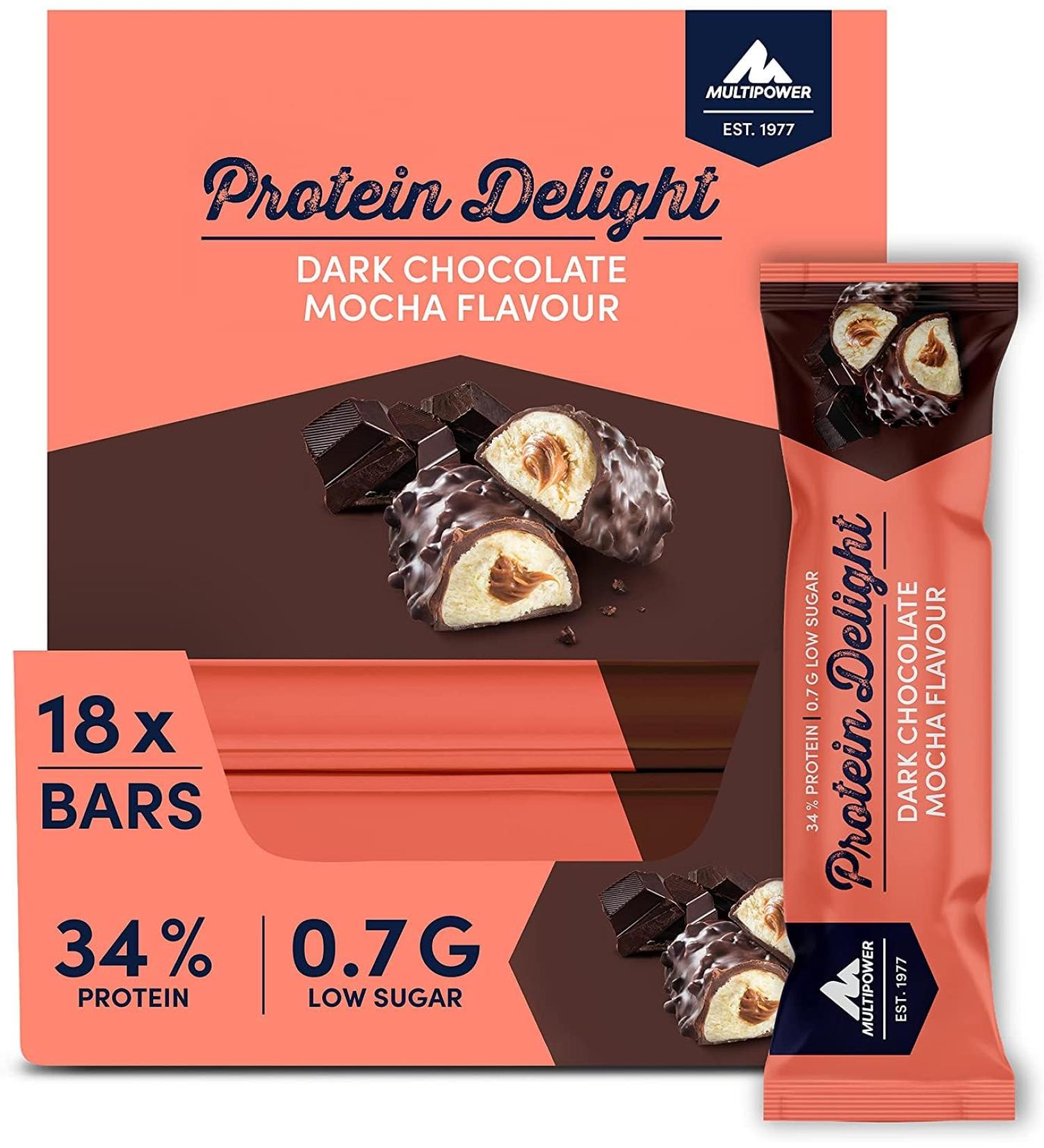 Multipower Protein Delight Bar - 18 x 35g Dark Chocolate Mocha | Delicious Energy Protein Bar | International Shipping Available - Buy Online on GoSupps.com