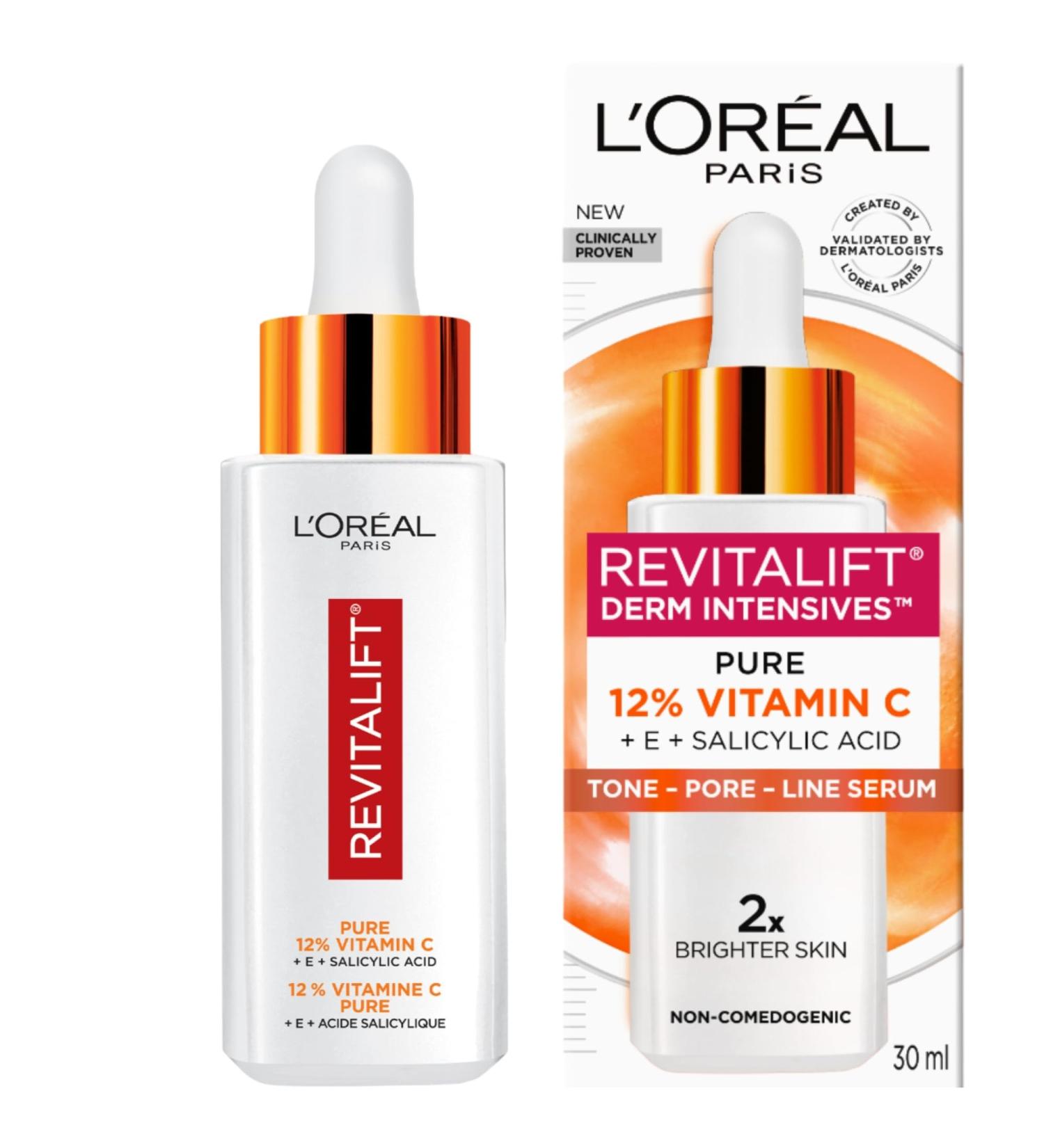 L'Or al Paris 12% Pure Vitamin C Brightening Face Serum with Vitamin E & Salicylic Acid for Antioxidant Protection & Less Visible Pores Revitalift Derm Intensives 30mL - Buy Online on GoSupps.com
