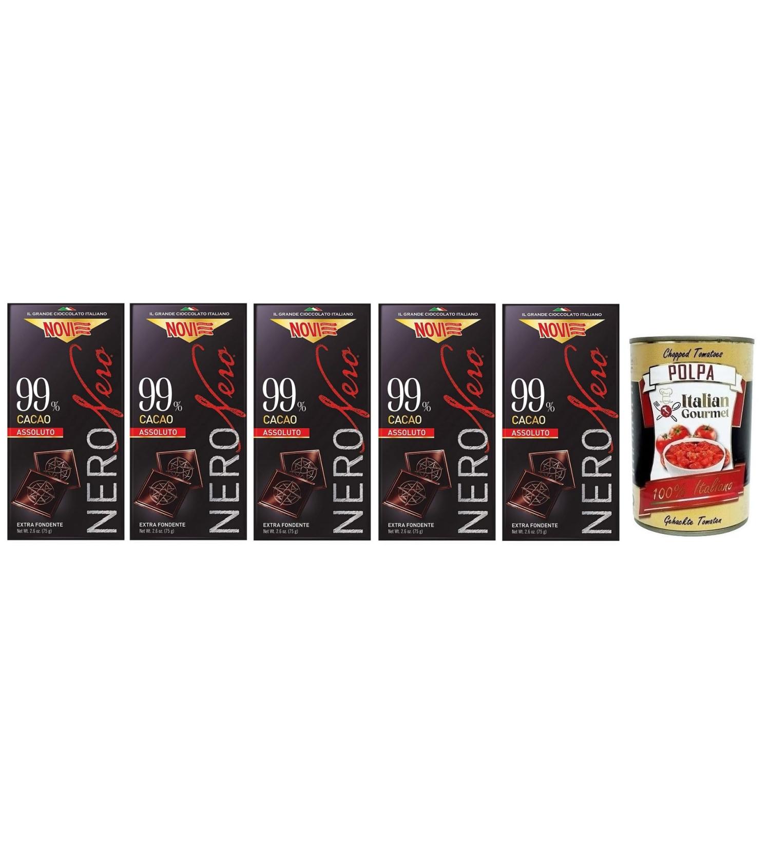 Novi Nero Cioccolato Assoluto Set of 5 Extra Dark Chocolate 99% Cocoa 75 g + Tomato Pulp Italian Gourmet Tomato Pulp 400 g Box - Buy Online on GoSupps.com