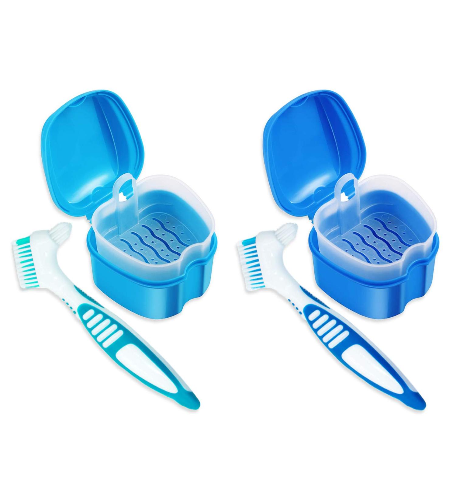 Denture Cups Set with Strainer Basket & Brush - Travel Denture Case for Overnight Cleaning - Blue/Green - Buy Online on GoSupps.com