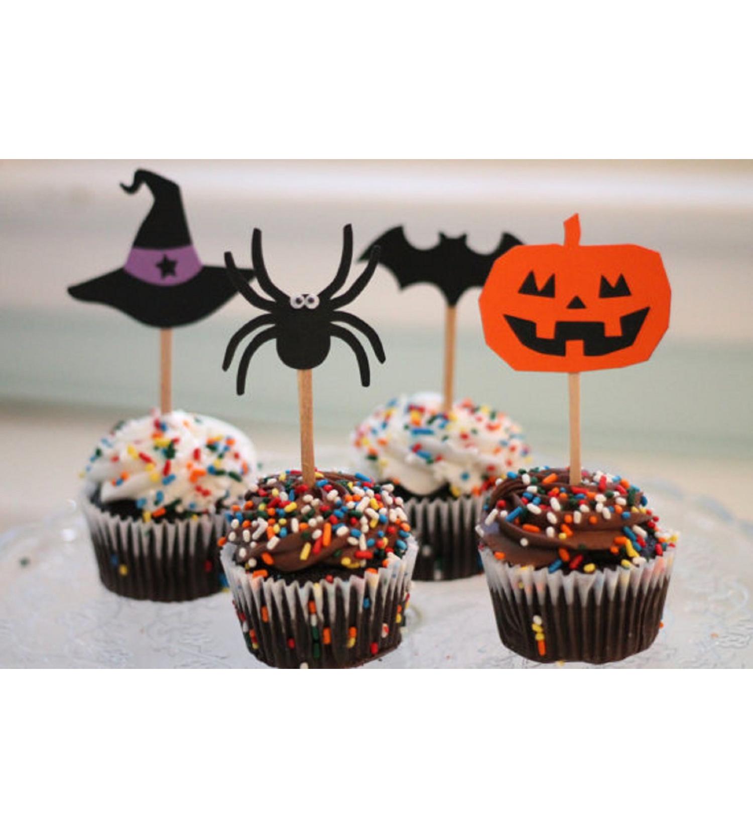 The Crafty Owl Fun Jack O' Lantern Spiders and Witch Hats Cupcake Toppers for Halloween. set of 12
