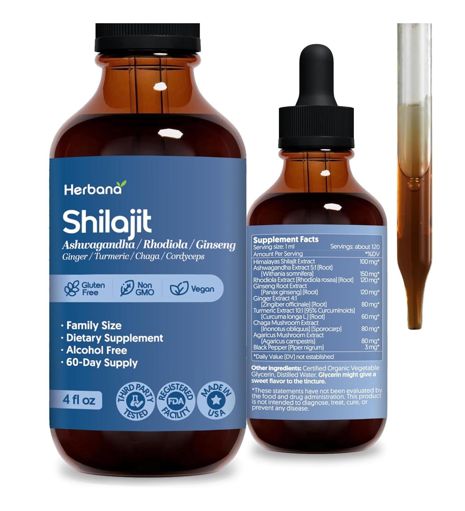 Herbana Shilajit Dietary Supplement with Ashwagandha Rhodiola Ginseng Ginger Turmeric Chaga Cordyceps Alcohol Free Vegan Gluten Free Non GMO 4 fl oz 60-Day Supply - Buy Online on GoSupps.com