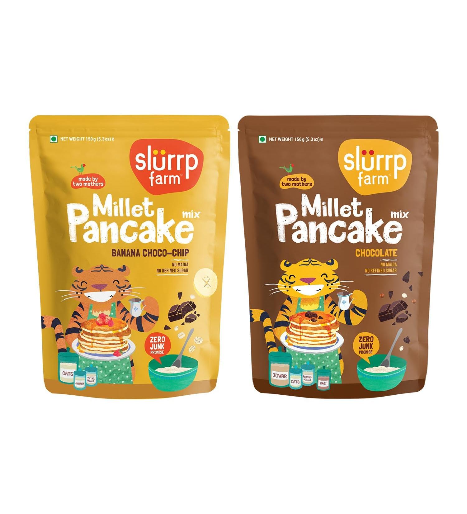 Slurrp Farm Instant Breakfast Millet Pancake Mix Banana Choco-Chip Supergrains And Chocolate Natural And Healthy Food 100% Vegetarian Eggless Healthy Breakfast for Kids & Adults 150g (Pack Of 2) - Buy Online on GoSupps.com