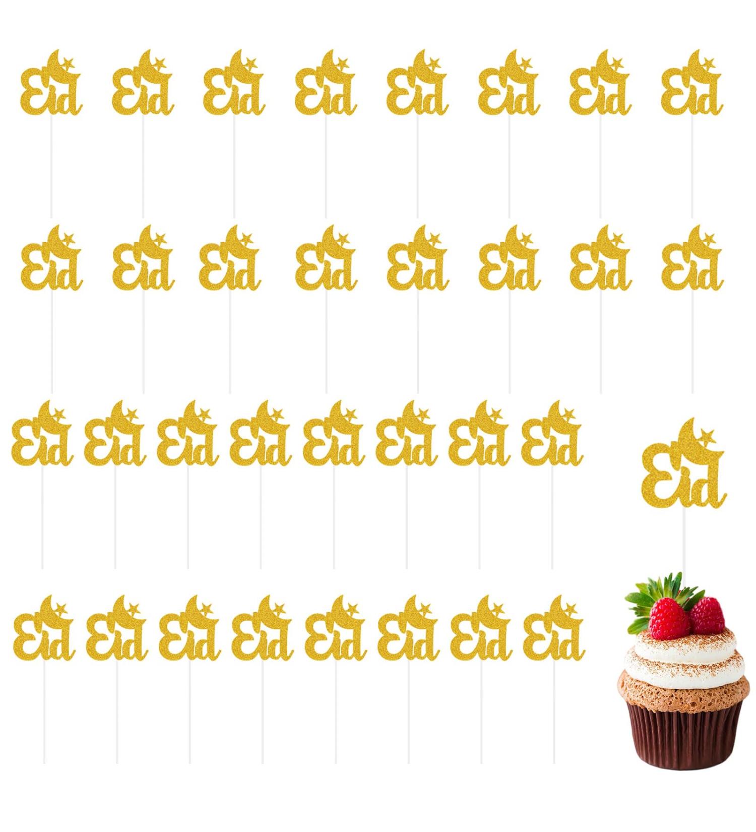 Eid Mubarak Cake Topper Pack of 32 Glitter Moon and Star Ramadan Cake Decoration Gold Eid Mubarak Cupcake Topper for Muslim Islam Kareem Party Decoration Supplies - Buy Online on GoSupps.com