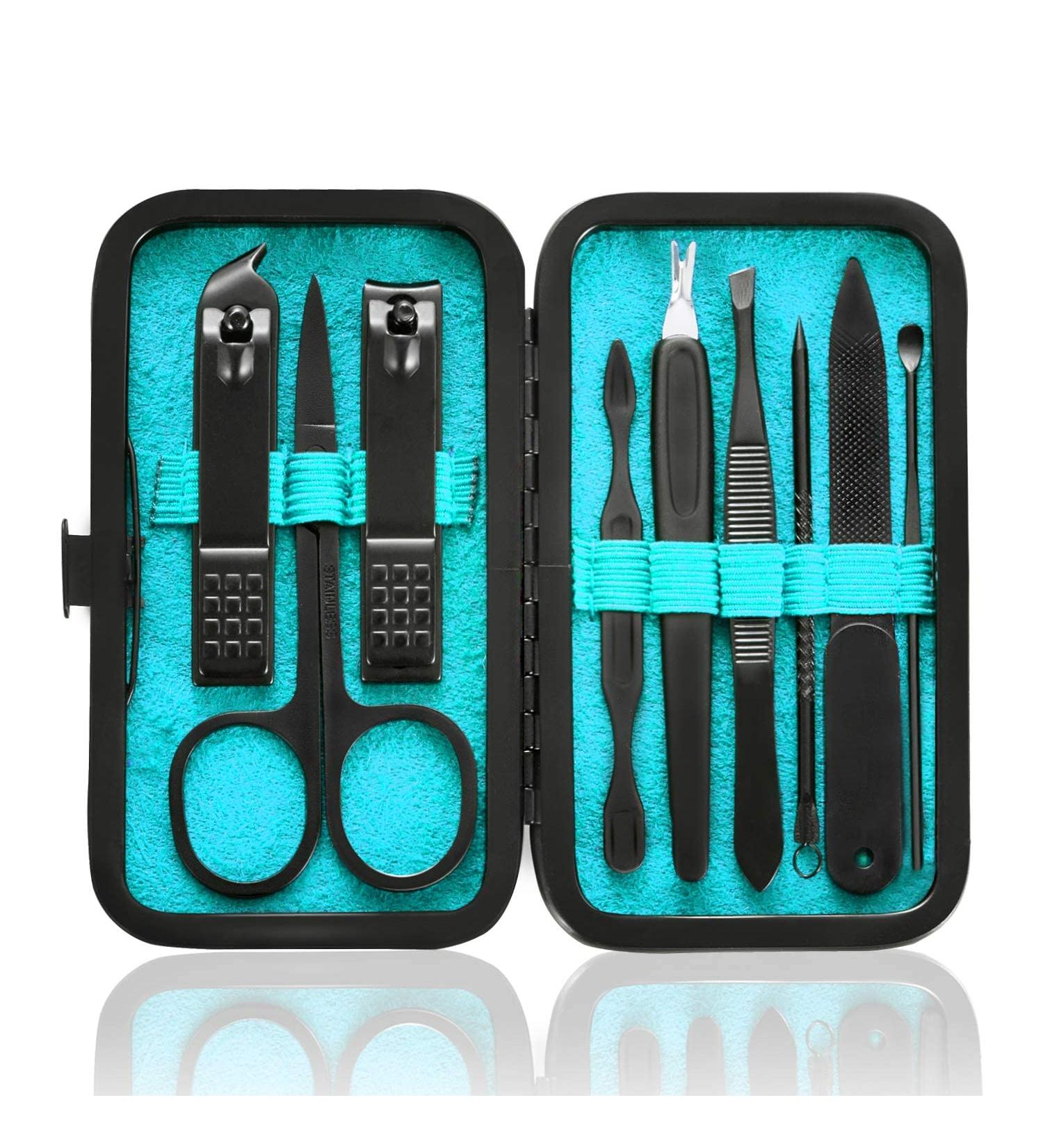 9-in-1 Stainless Steel Manicure Set with Leather Case - Portable Grooming Kit for Men and Women - Blue - Buy Online on GoSupps.com