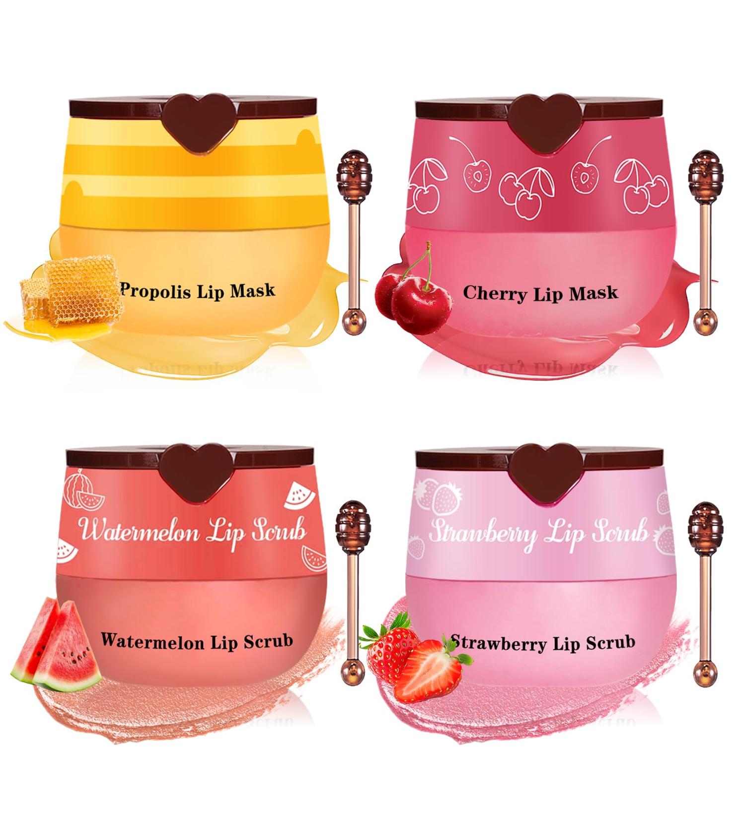 UAOE 4PCS Lip Scrub and Mask Set,Cherry and Honey Pot Lip Balm,Strawberry and Watermelon Lip Exfoliator Scrub and Moisturizer,Repair Lips Sleeping Mask,Reduce Fine Lines Lips Care Set - Buy Online on GoSupps.com