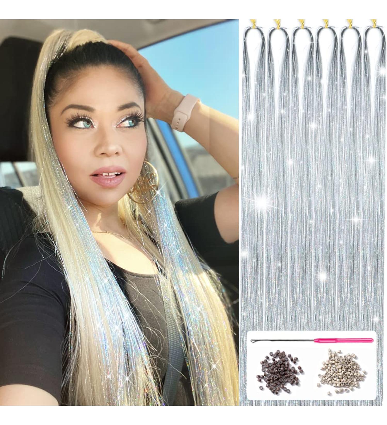 Silver Hair Tinsel Kit - 1200 Strands, Heat Resistant Fairy Tinsel for Halloween & Christmas Party - 47 Inch Sparkling Glitter Extensions in Shining Silver - Buy Online on GoSupps.com